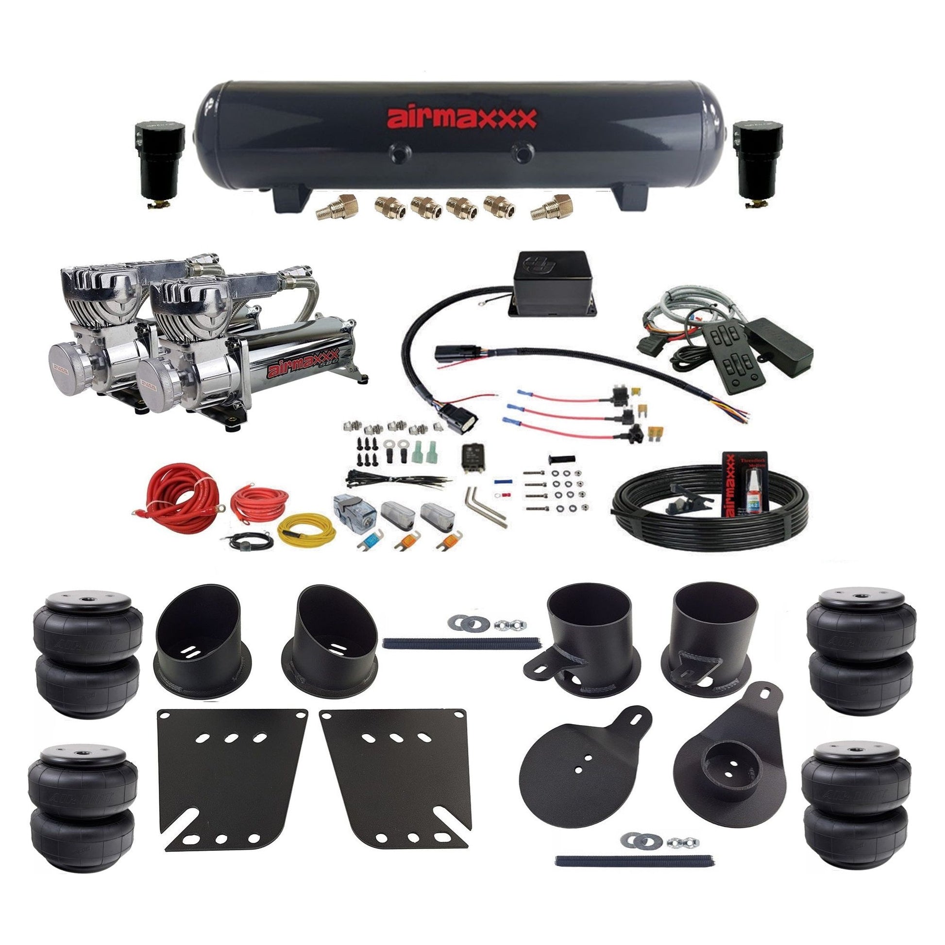 Slam Specialties SV-8C dual chrome 580 compressors steel tank airlift bags air ride kit fits 1958–1964 Impala KIMP58-580C2-57S-SV8CMC1-WK-HFD25