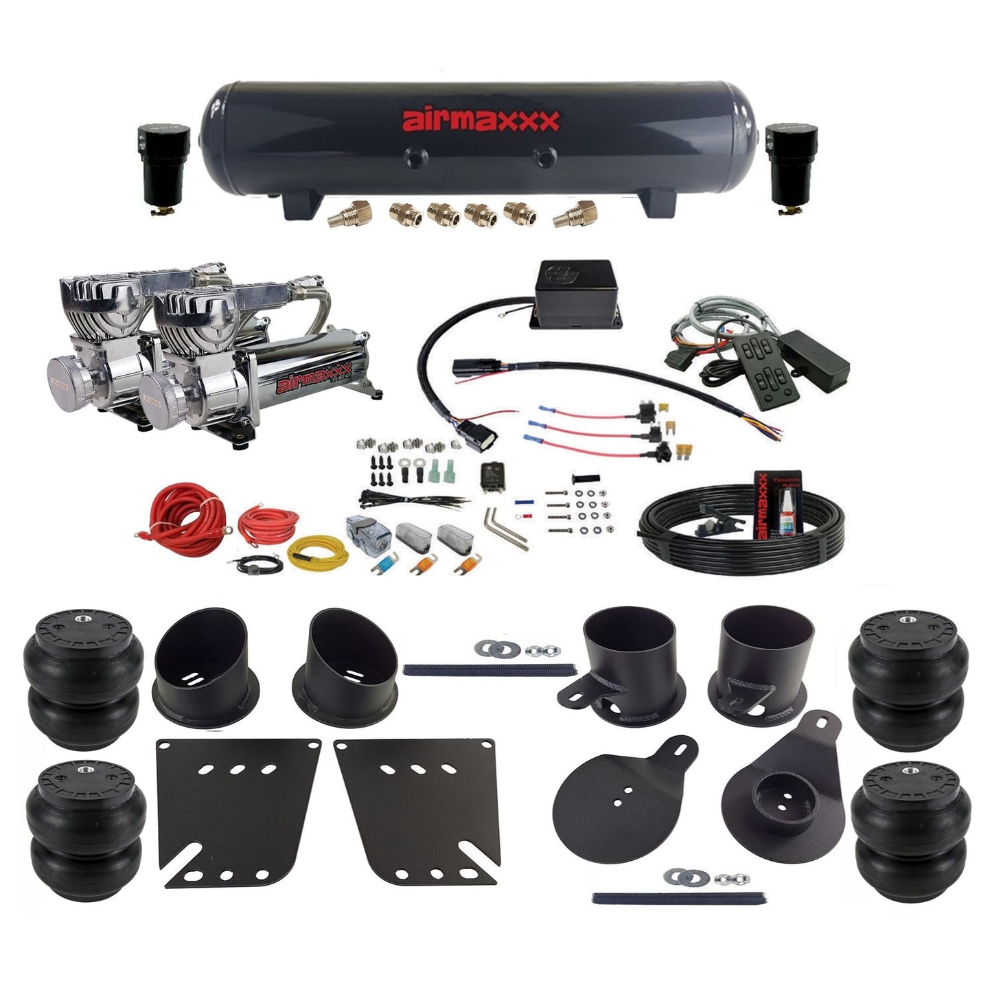 Slam Specialties SV-8C dual chrome 580 compressors steel tank slam bags air ride kit fits 1958–1964 Impala KIMP58-580C2-57S-SV8CMC1-WK-HFSS7