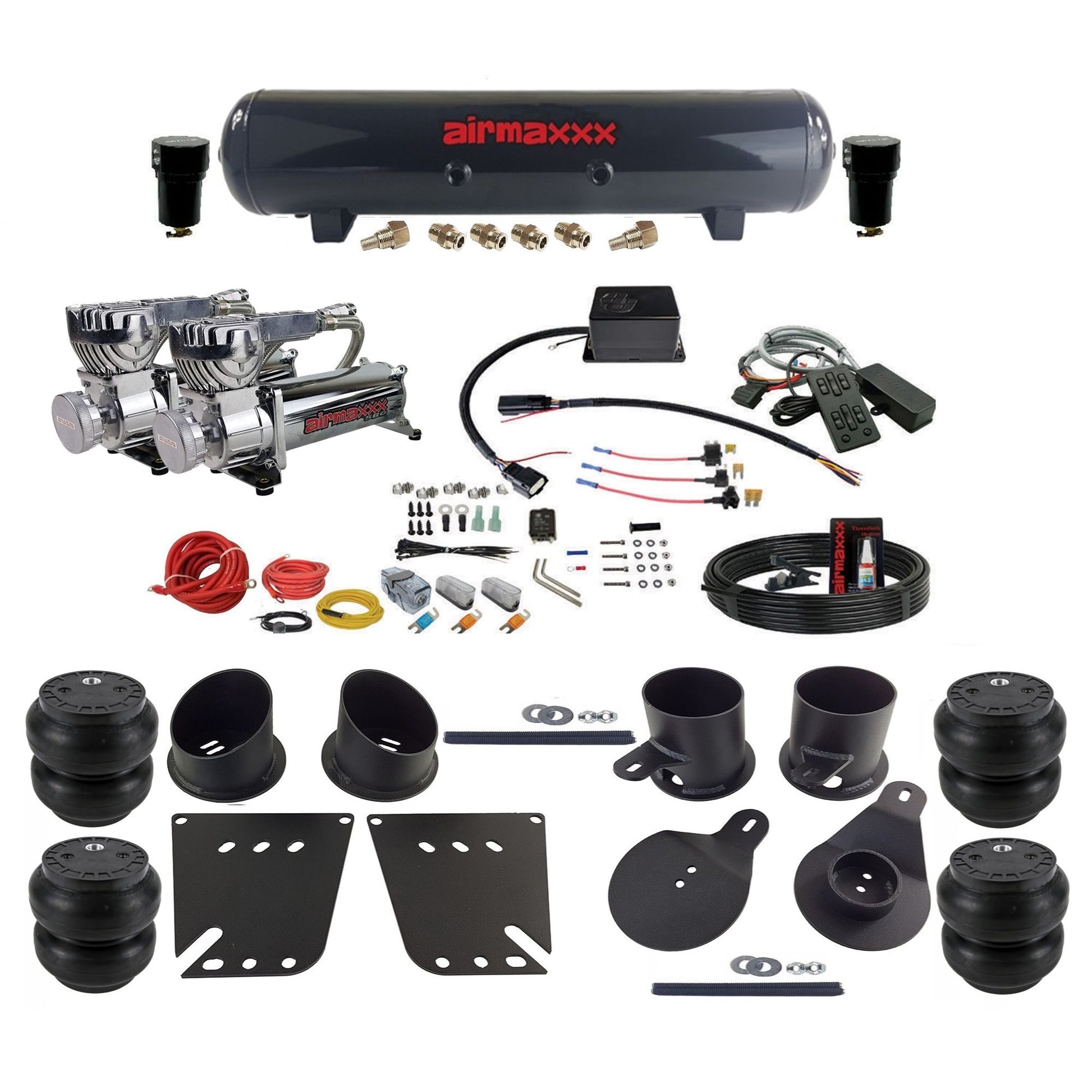 Slam Specialties SV-8C dual chrome 580 compressors steel tank slam bags air ride kit fits 1958–1964 Impala KIMP58-580C2-57S-SV8CMC1-WK-HFSS7