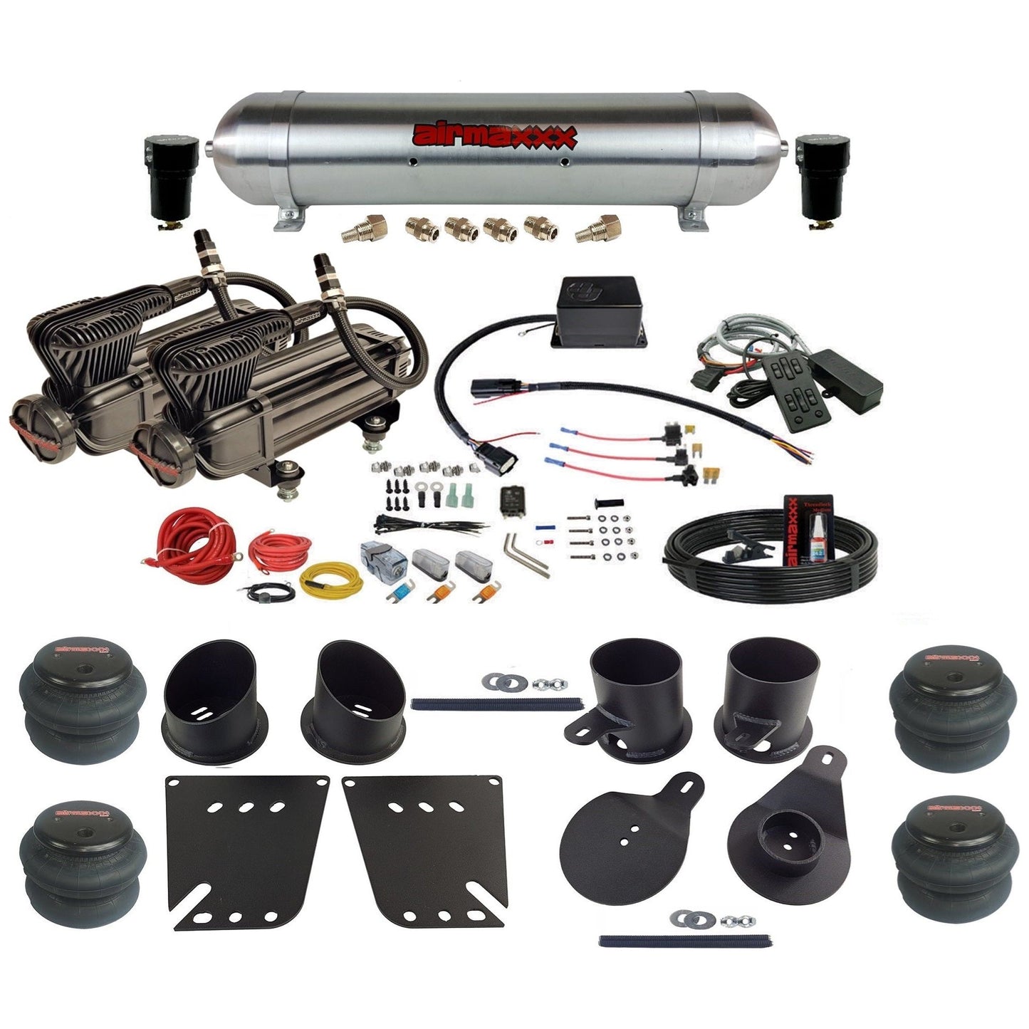 Slam Specialties SV-8C dual x-series compressors raw aluminum tank 2600 bags air ride kit fits 1958–1964 Impala KIMP58-XB2-57ARW-SV8CMC1-WK-HF