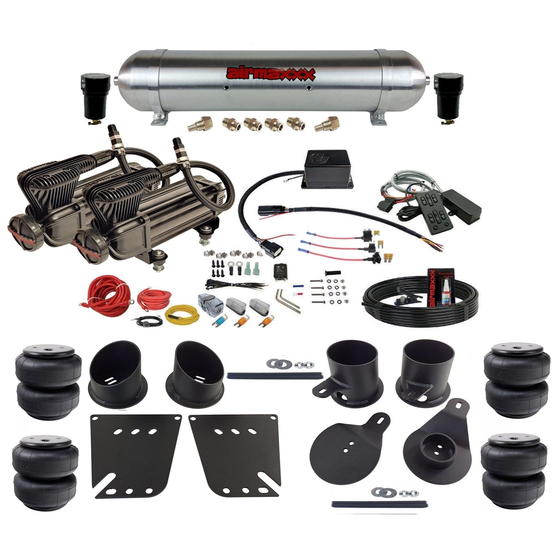 Slam Specialties SV-8C dual x-series compressors raw aluminum tank airlift bags air ride kit fits 1958–1964 Impala KIMP58-XB2-57ARW-SV8CMC1-WK-HFD25