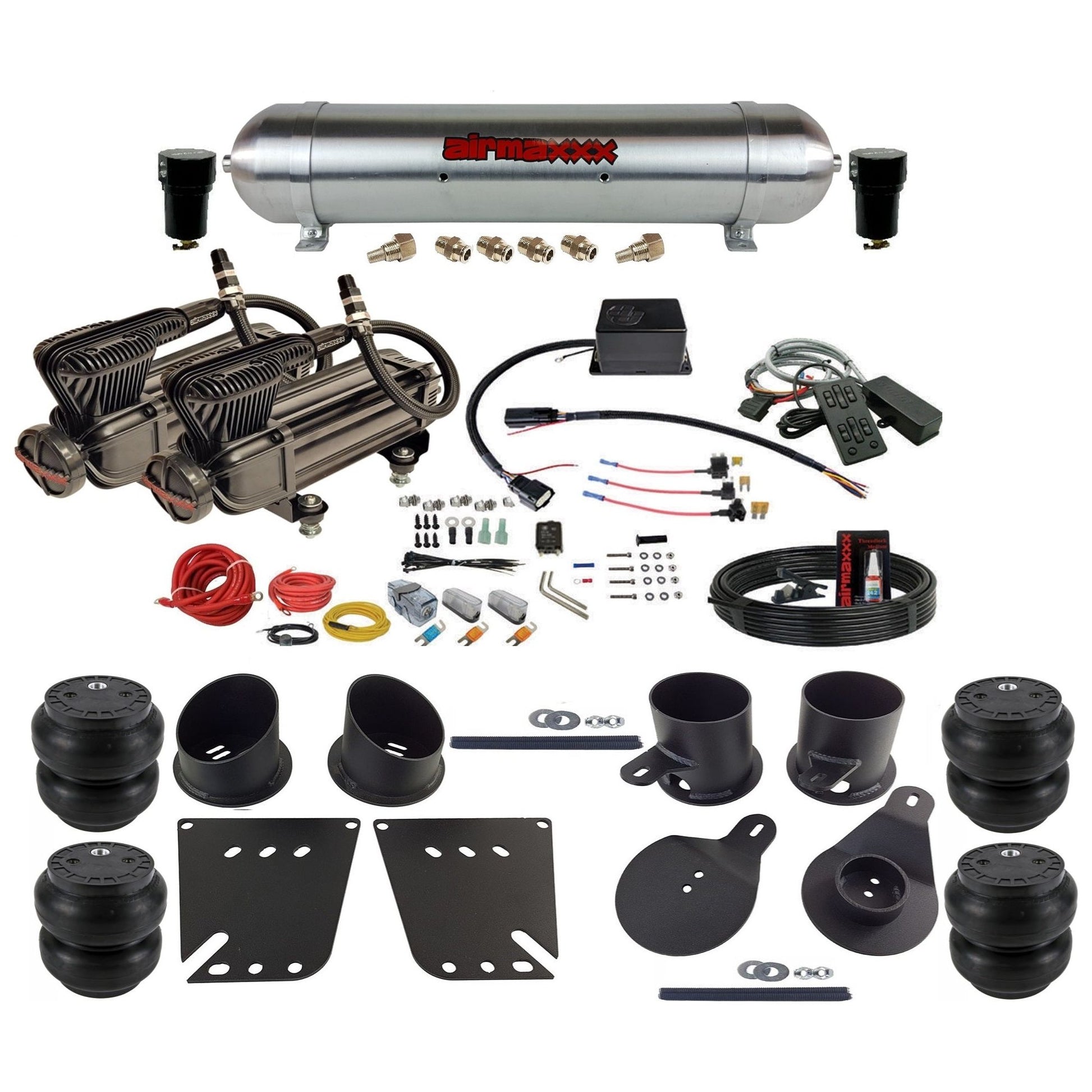 Slam Specialties SV-8C dual x-series compressors raw aluminum tank slam bags air ride kit fits 1958–1964 Impala KIMP58-XB2-57ARW-SV8CMC1-WK-HFSS7