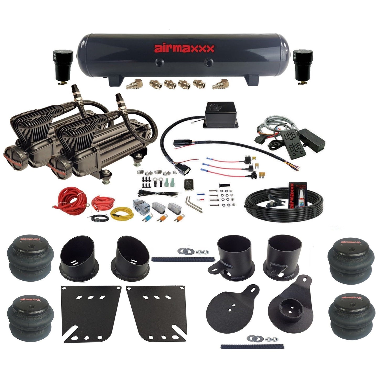 Slam Specialties SV-8C dual x-series compressors steel tank 2600 bags air ride kit fits 1958–1964 Impala KIMP58-XB2-57S-SV8CMC1-WK-HF