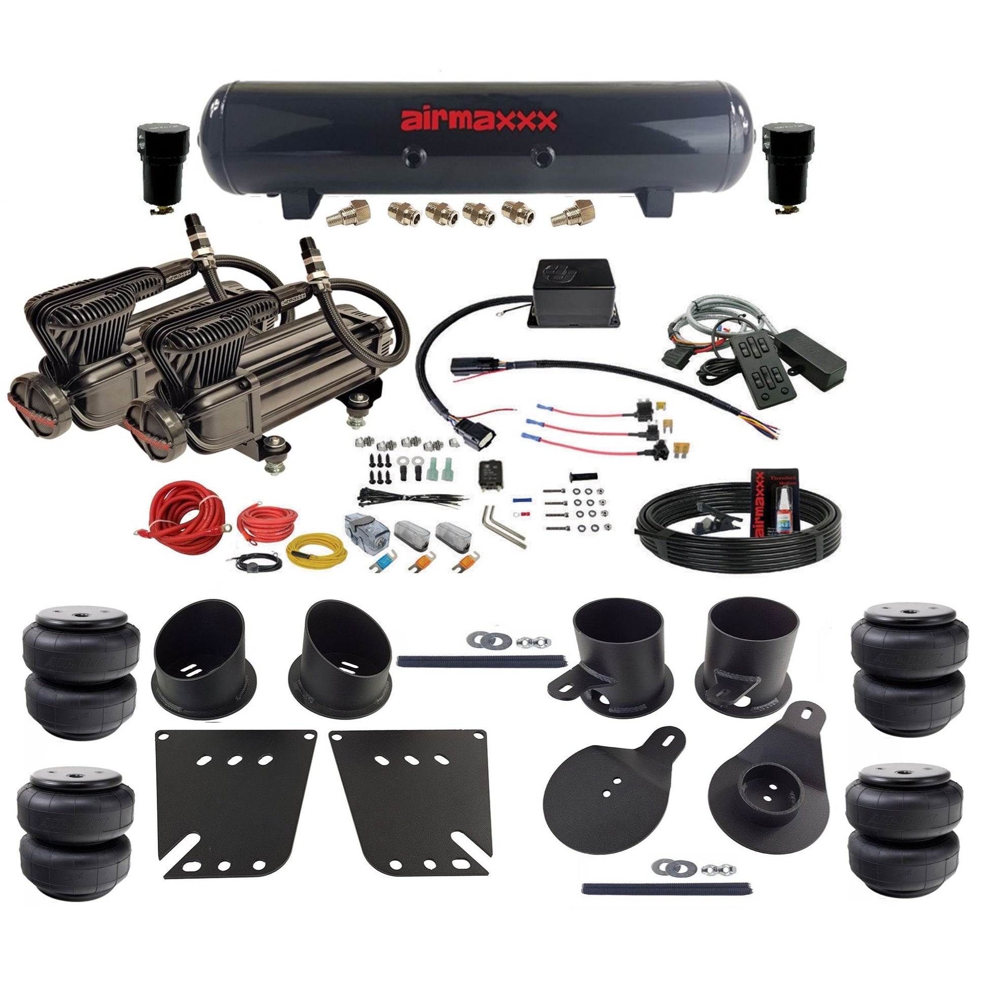 Slam Specialties SV-8C dual x-series compressors steel tank airlift bags air ride kit fits 1958–1964 Impala KIMP58-XB2-57S-SV8CMC1-WK-HFD25