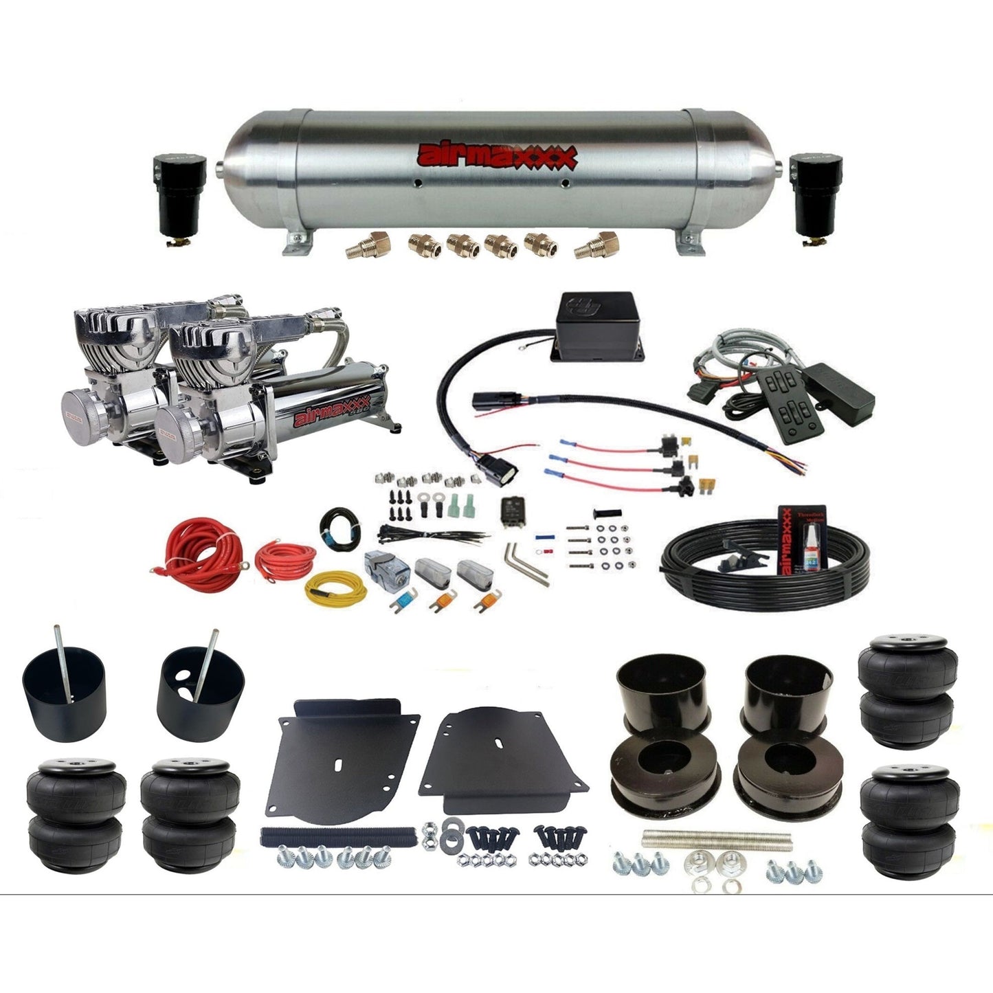 Slam Specialties SV8C dual chrome 580 compressors raw aluminum tank & airlift bags air ride kit for 1964–72 GM A-Body KABDY-580C2-57ARW-SV8CMC1-WK-HFD25