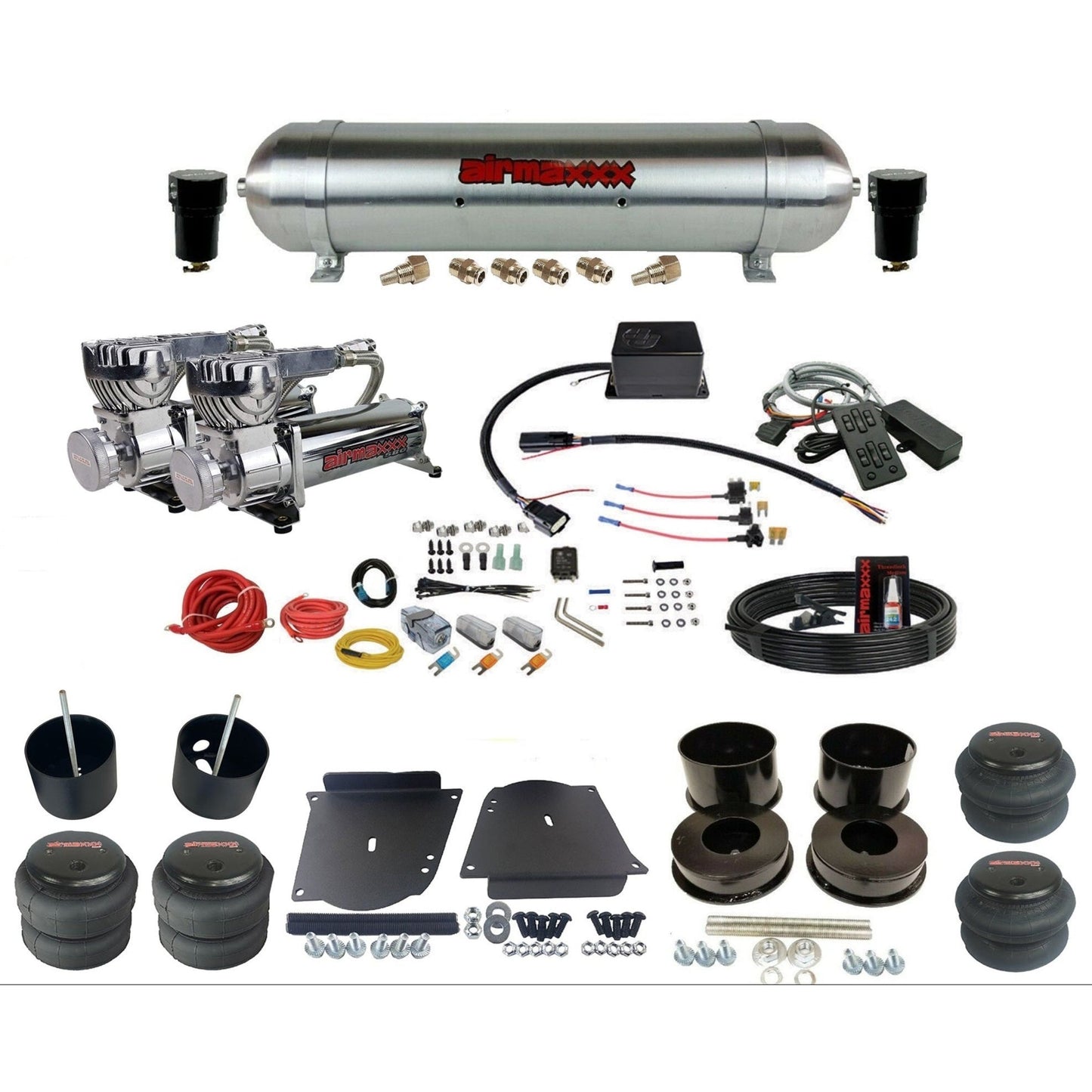 Slam Specialties SV8C dual chrome 580 compressors raw aluminum tank & bags air ride kit for 1964–72 GM A-Body KABDY-580C2-57ARW-SV8CMC1-WK-HF