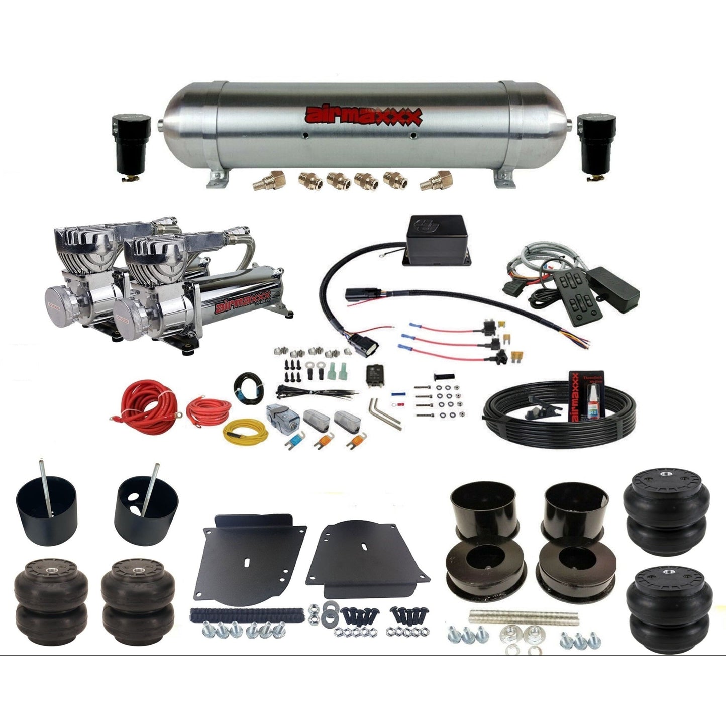 Slam Specialties SV8C dual chrome 580 compressors raw aluminum tank & slam bags air ride kit for 1964–72 GM A-Body KABDY-580C2-57ARW-SV8CMC1-WK-HFSS6SS7