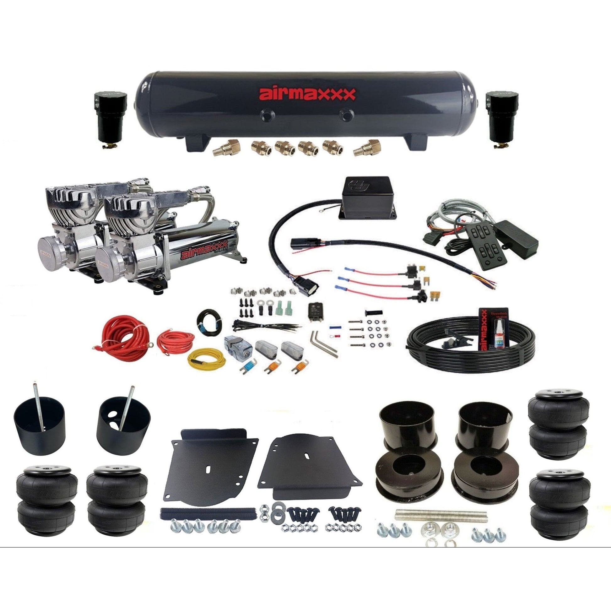 Slam Specialties SV8C dual chrome 580 compressors steel tank & airlift bags air ride kit for 1964–72 GM A-Body KABDY-580C2-57S-SV8CMC1-WK-HFD25