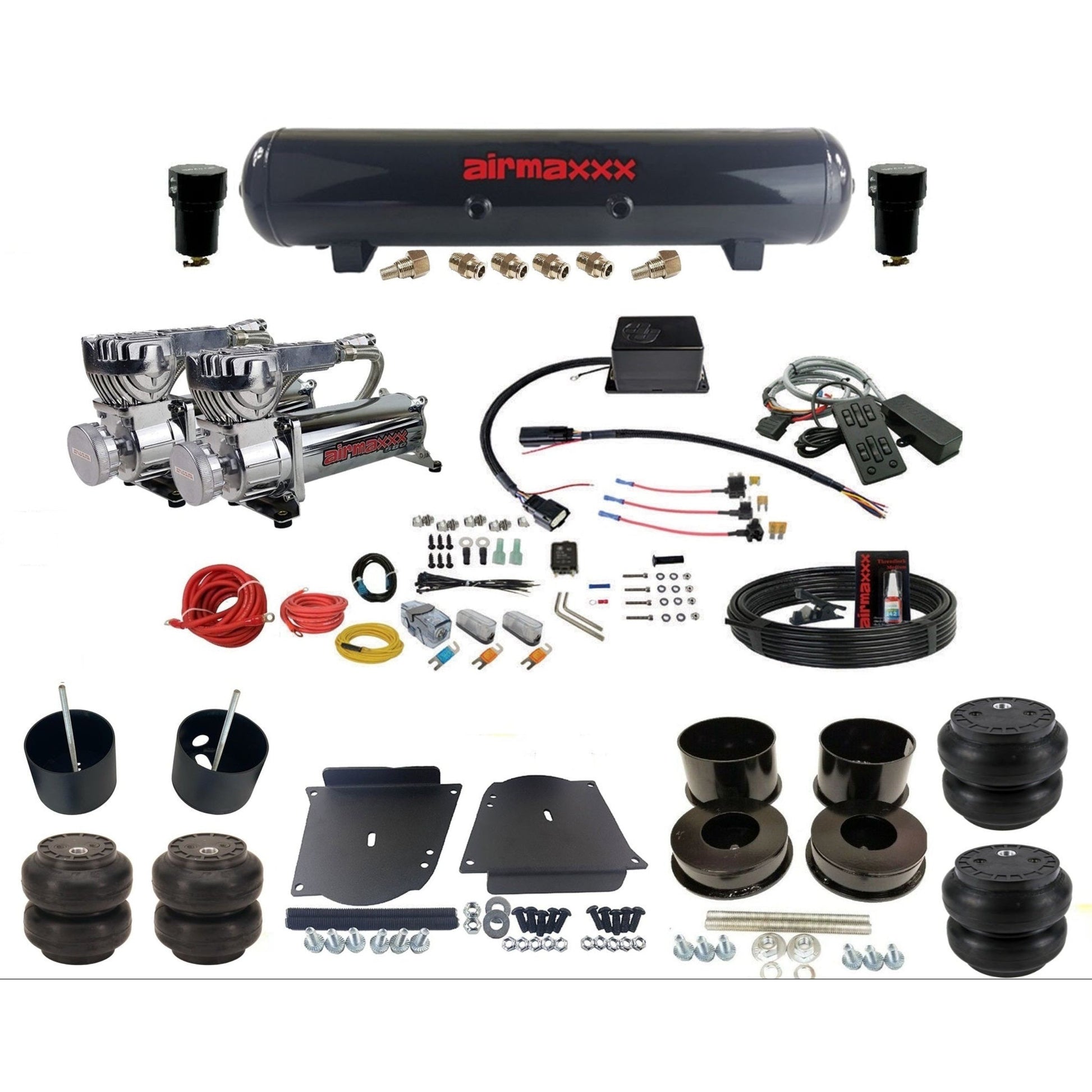 Slam Specialties SV8C dual chrome 580 compressors steel tank & slam bags air ride kit for 1964–72 GM A-Body KABDY-580C2-57S-SV8CMC1-WK-HFSS6SS7