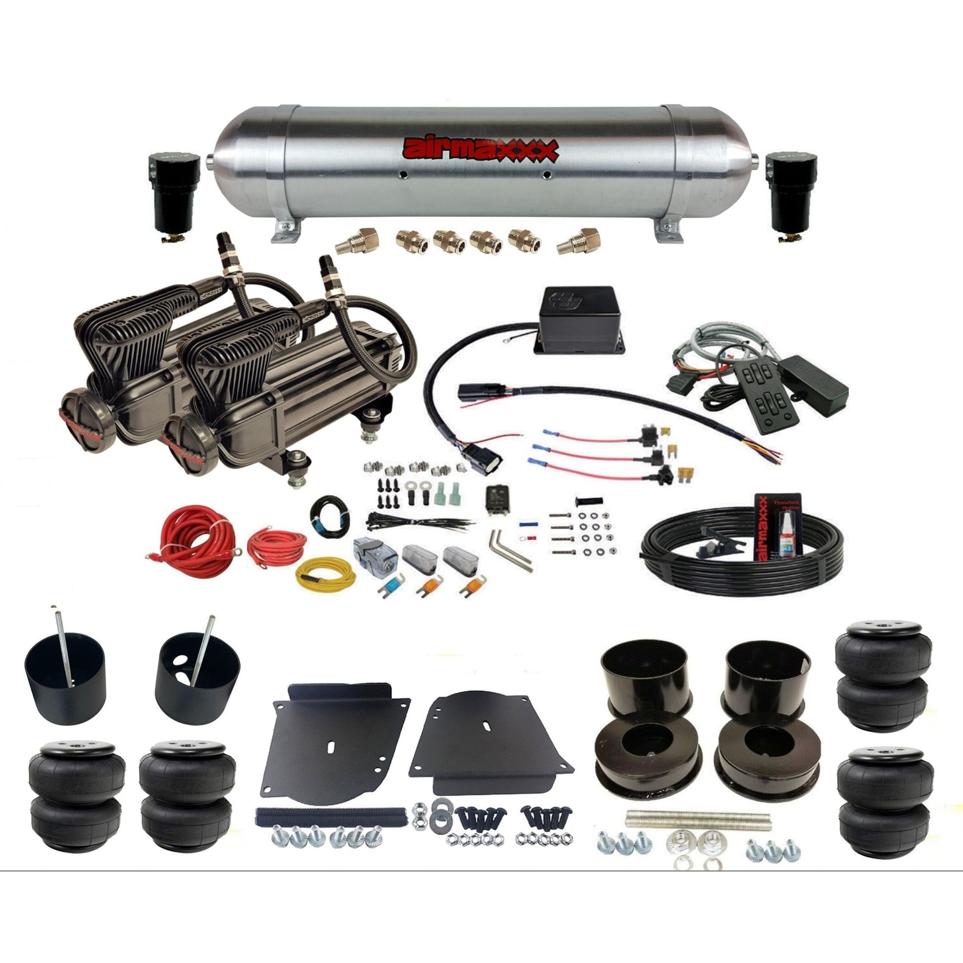 Slam Specialties SV8C dual x-series compressors raw aluminum tank & airlift bags air ride kit for 1964–72 GM A-Body KABDY-XB2-57ARW-SV8CMC1-WK-HFD25