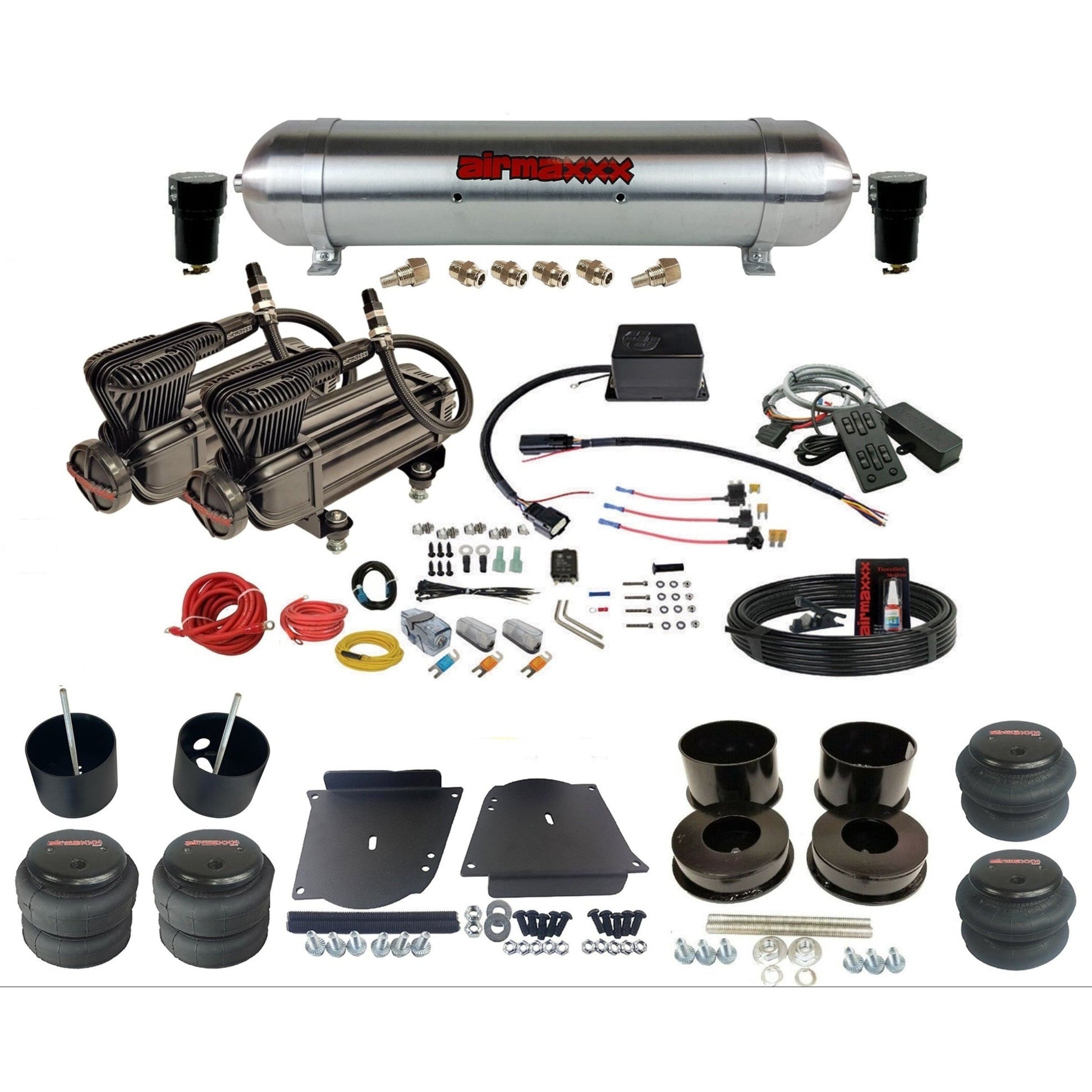 Slam Specialties SV8C dual x-series compressors raw aluminum tank & bags air ride kit for 1964–72 GM A-Body KABDY-XB2-57ARW-SV8CMC1-WK-HF