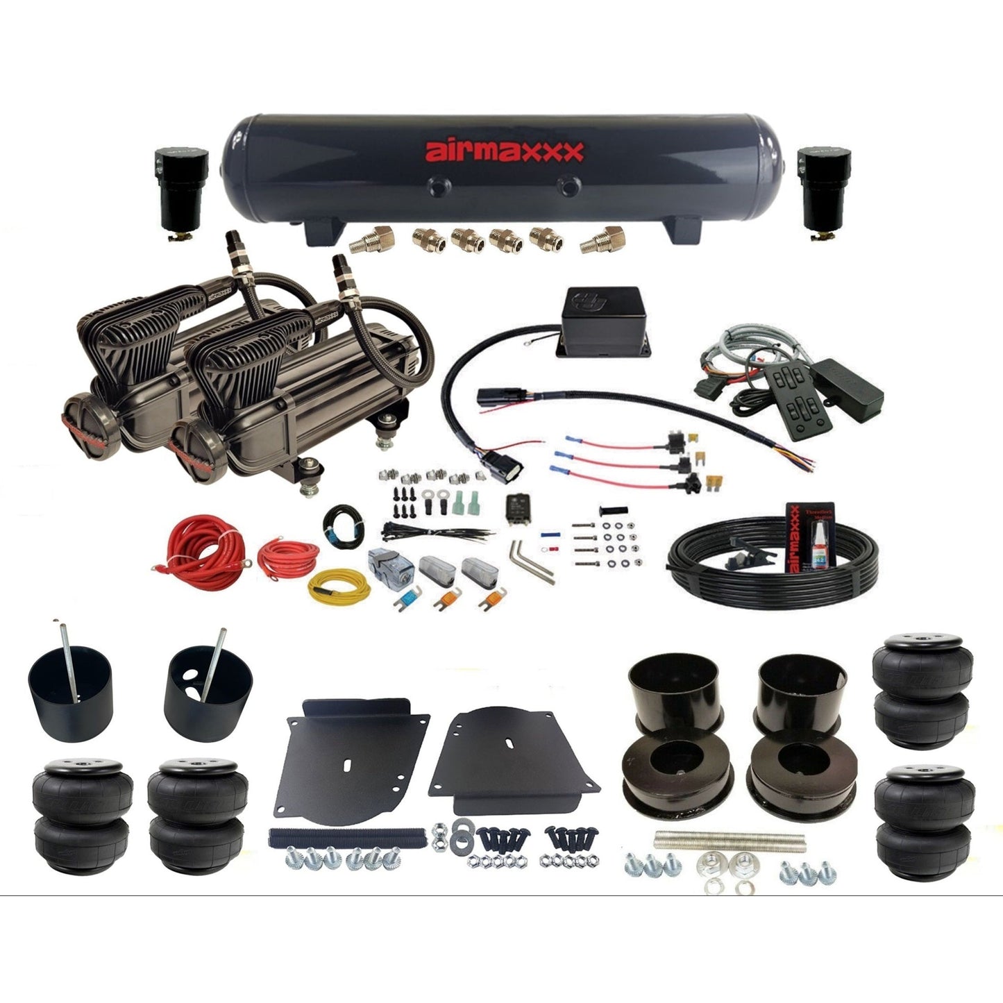 Slam Specialties SV8C dual x-series compressors steel tank & airlift bags air ride kit for 1964–72 GM A-Body KABDY-XB2-57S-SV8CMC1-WK-HFD25