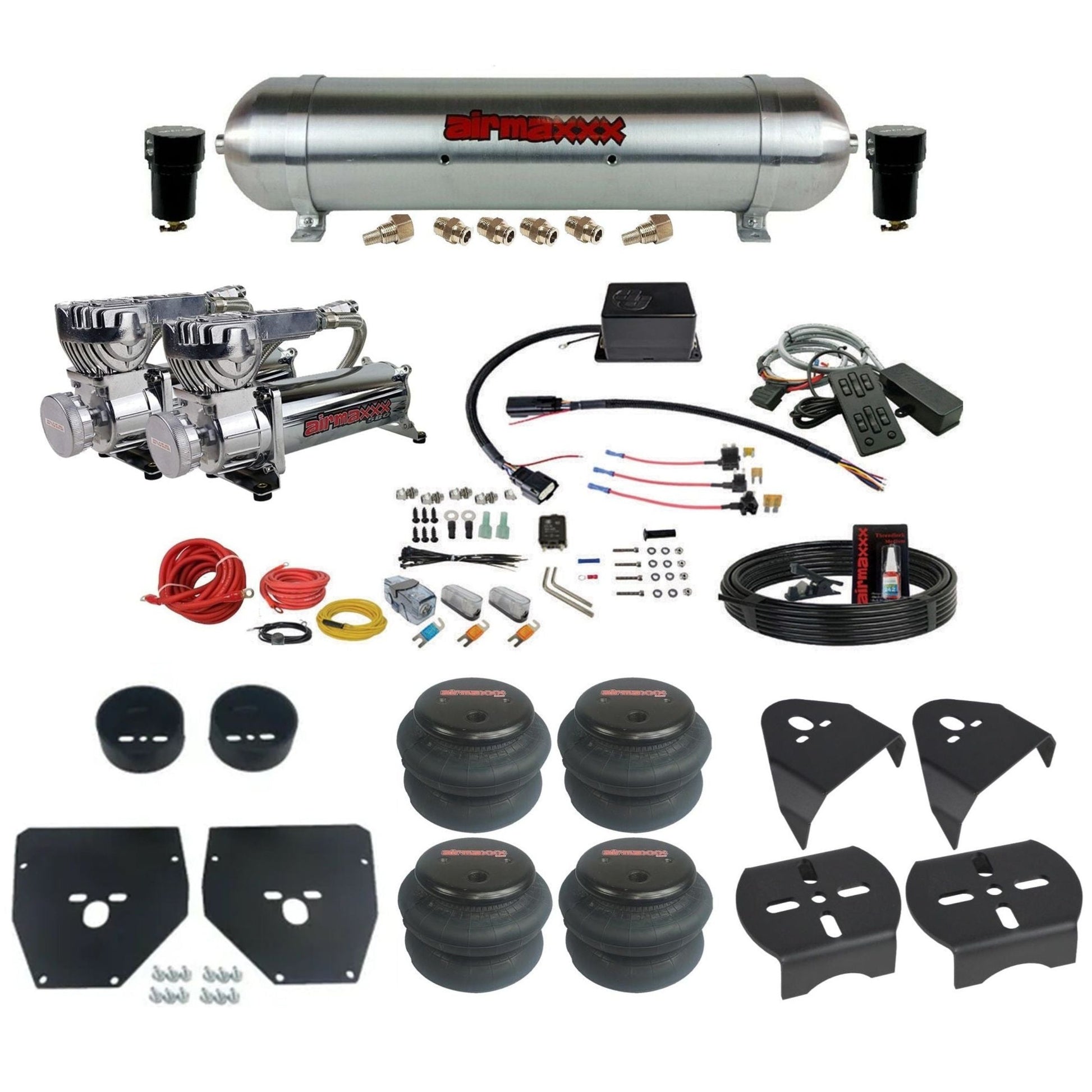 Slam Specialties chrome 580 compressors raw aluminum tank 2600 bags air ride kit for 1973–1987 Chevy C10 KC1073-580C2-57ARAW-SV8CMC1-WK-HF