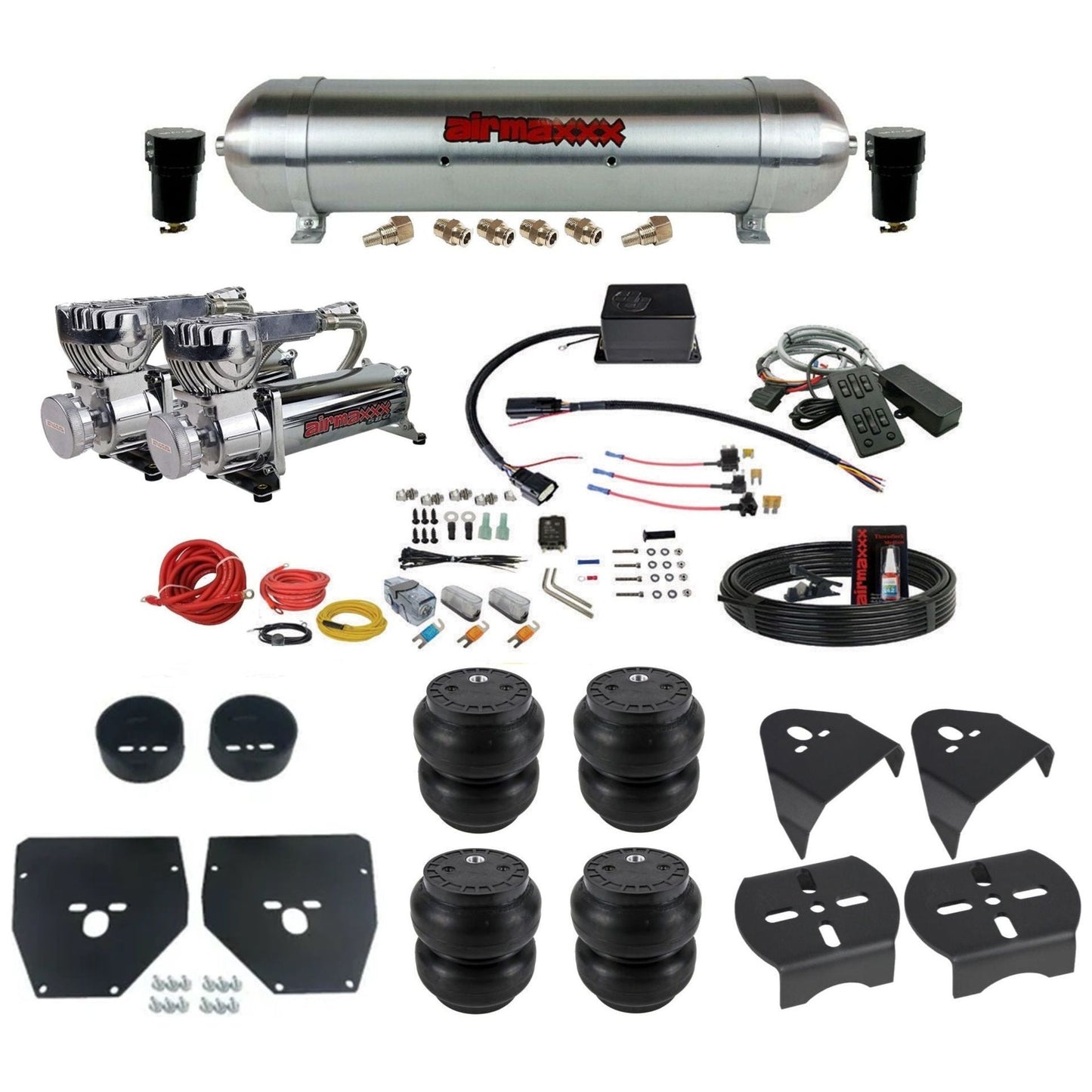 Slam Specialties chrome 580 compressors raw aluminum tank slam bags air ride kit for 1973–1987 Chevy C10 KC1073-580C2-57ARAW-SV8CMC1-WK-HFSS7