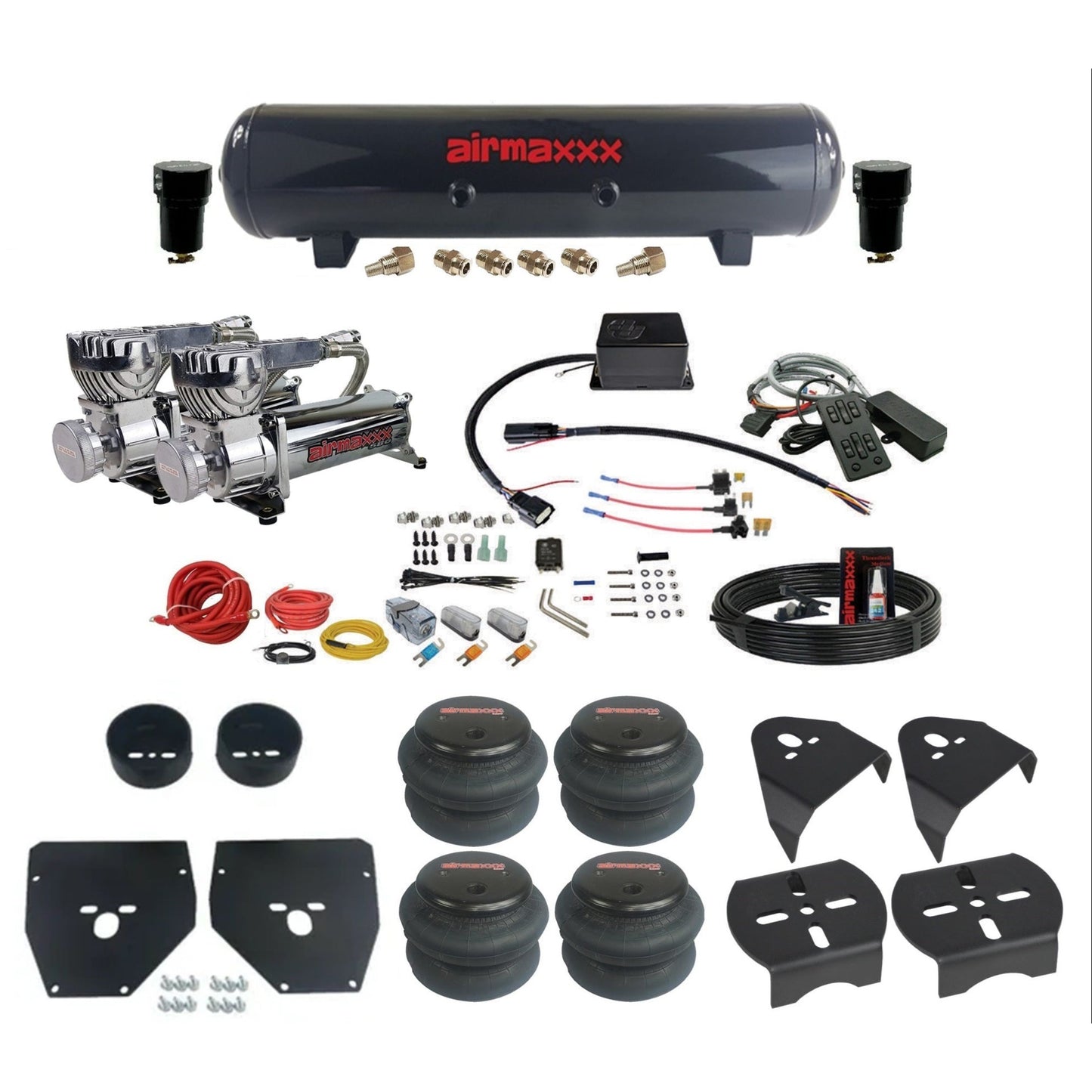 Slam Specialties chrome 580 compressors steel tank 2600 bags air ride kit for 1973–1987 Chevy C10 KC1073-580C2-57S-SV8CMC1-WK-HF