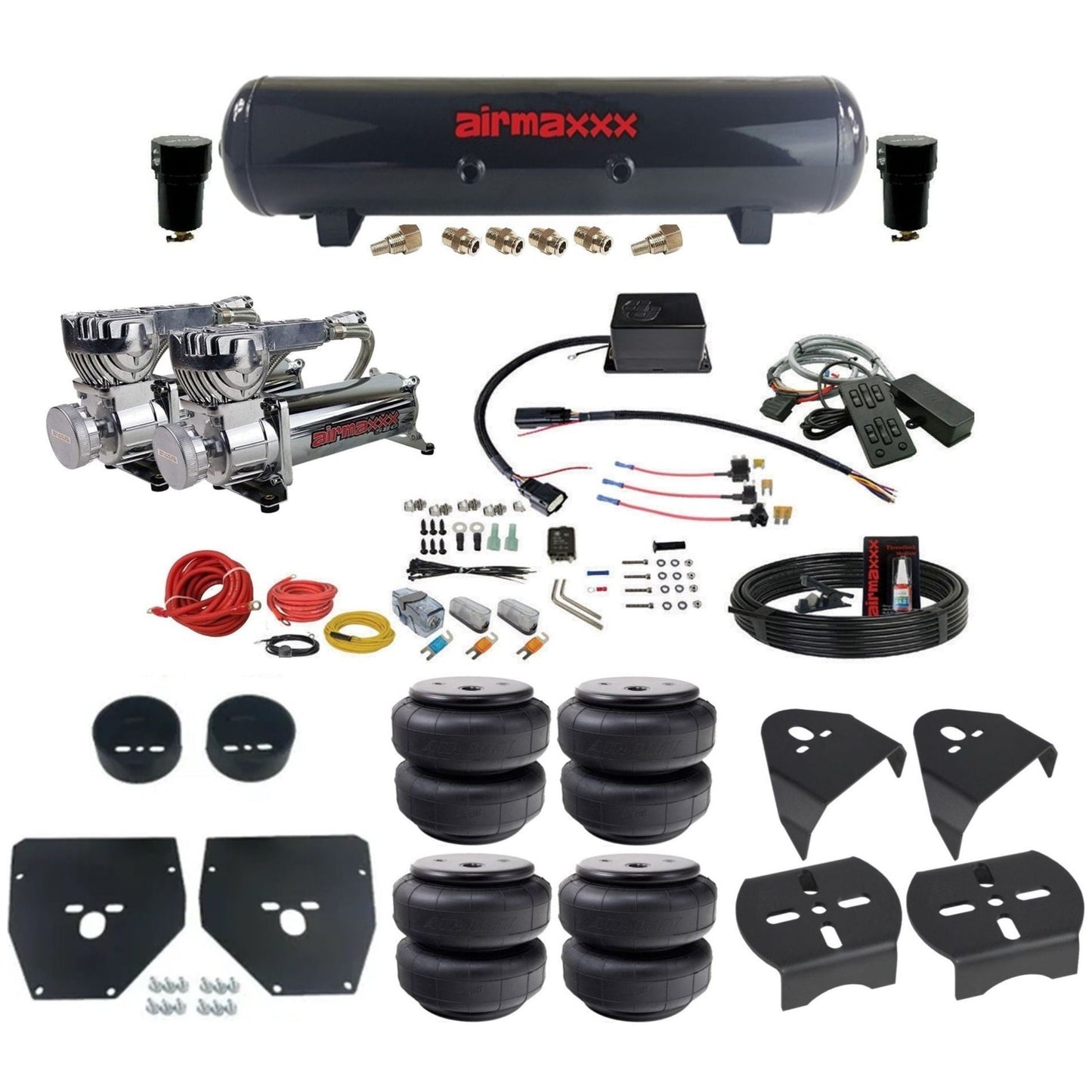 Slam Specialties chrome 580 compressors steel tank airlift bags air ride kit for 1973–1987 Chevy C10 KC1073-580C2-57S-SV8CMC1-WK-HFD26