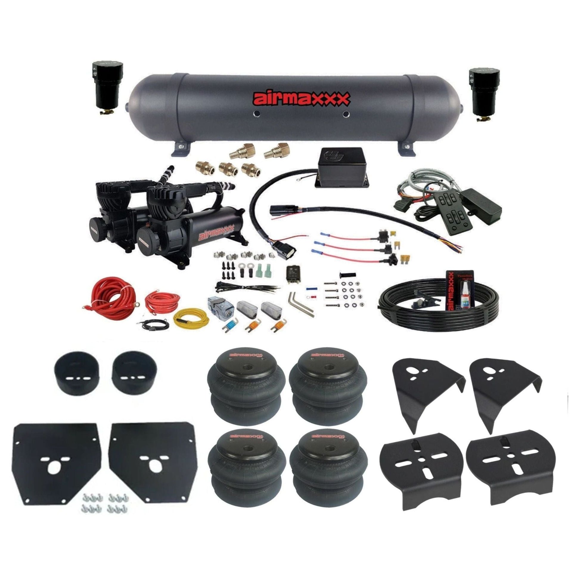 Slam Specialties dual 580 black compressors aluminum tank 2600 bags air ride kit fits 1973–87 Chevy/GMC C10 KC1073-580B2-57ABLK-SV8CMC1-WK-HF