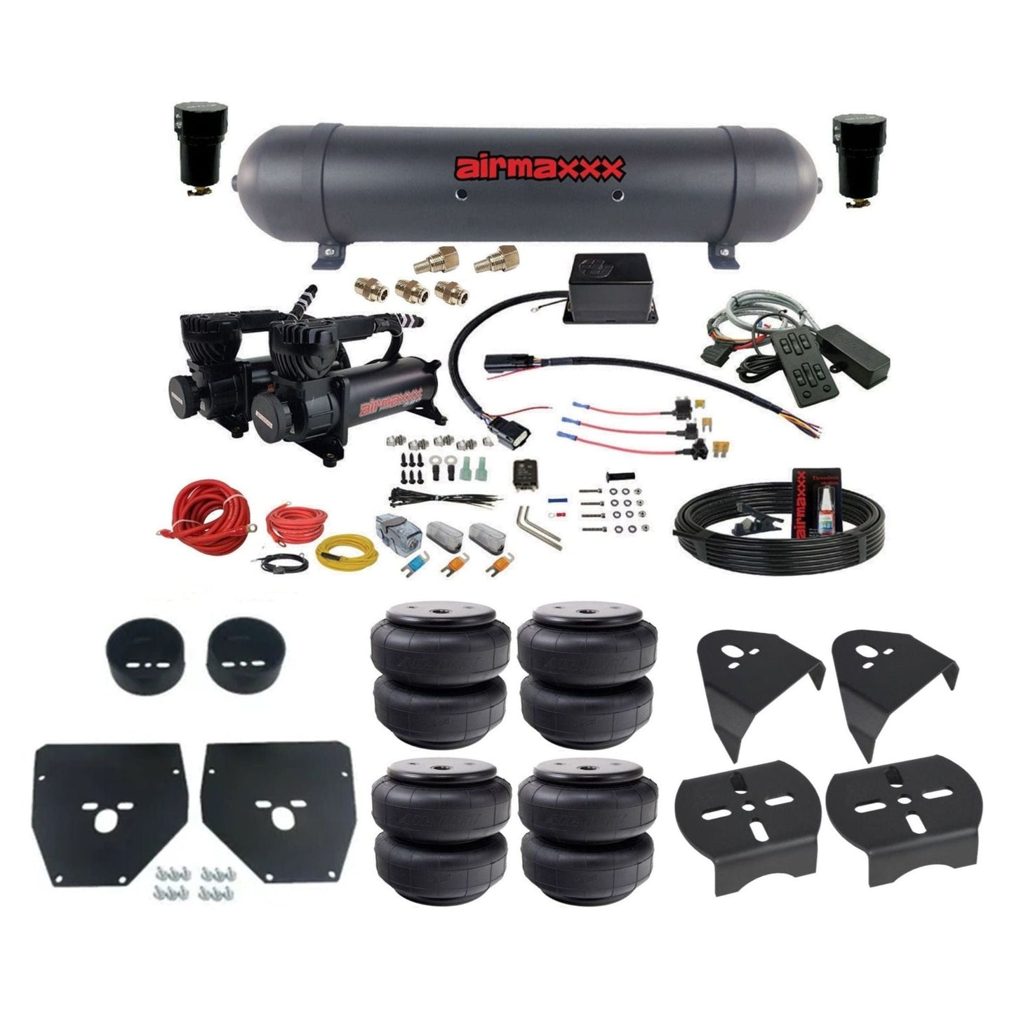 Slam Specialties dual 580 black compressors aluminum tank airlift bags air ride kit fits 1973–87 Chevy/GMC C10 KC1073-580B2-57ABLK-SV8CMC1-WK-HFD26