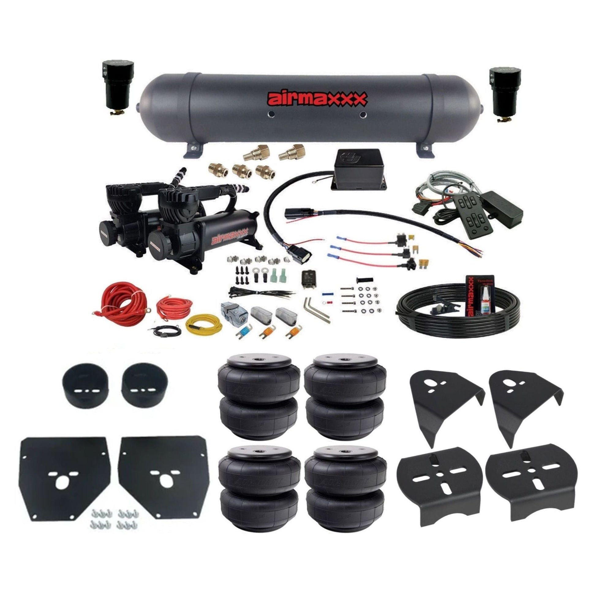 Slam Specialties dual 580 black compressors aluminum tank airlift bags air ride kit fits 1973–87 Chevy/GMC C10 KC1073-580B2-57ABLK-SV8CMC1-WK-HFD26