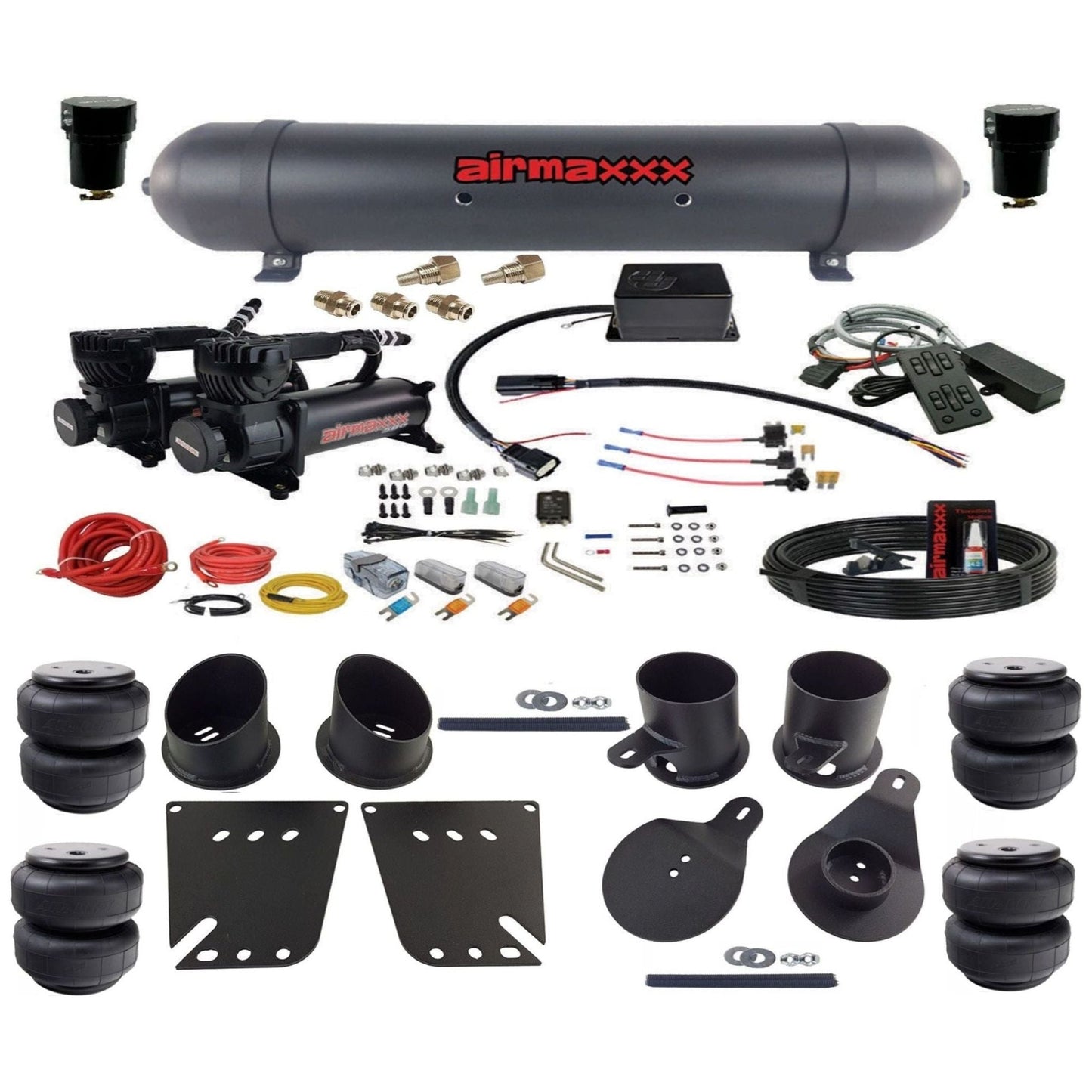 Slam Specialties dual 580 black compressors aluminum tank airlift bags air ride kit for 1958–64 Chevy Impala KIMP58-580B2-57ABLK-SV8CMC1-WK-HFD25