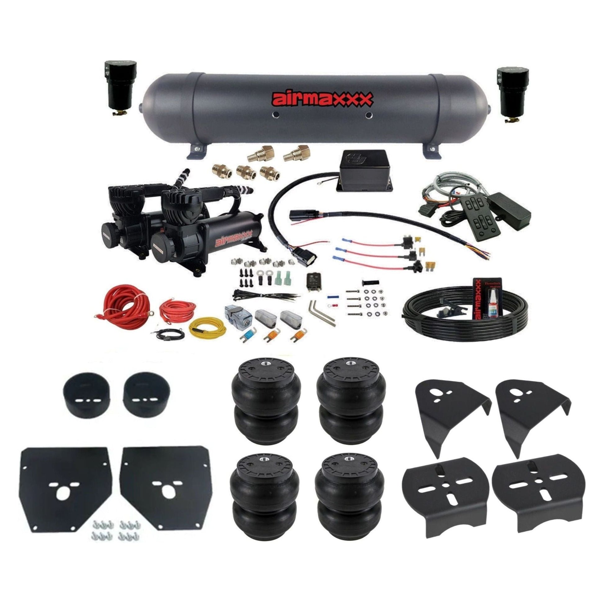 Slam Specialties dual 580 black compressors aluminum tank slam bags air ride kit fits 1973–87 Chevy/GMC C10 KC1073-580B2-57ABLK-SV8CMC1-WK-HFSS7