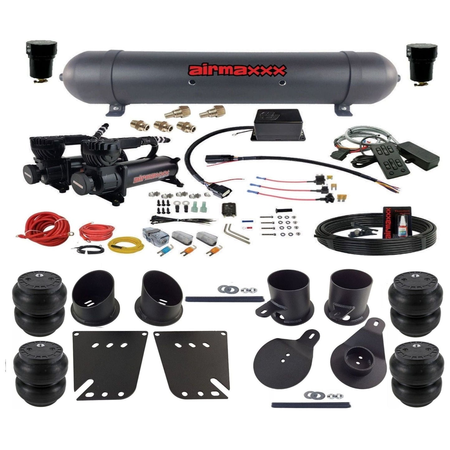 Slam Specialties dual 580 black compressors aluminum tank slam bags air ride kit for 1958–64 Chevy Impala KIMP58-580B2-57ABLK-SV8CMC1-WK-HFSS7