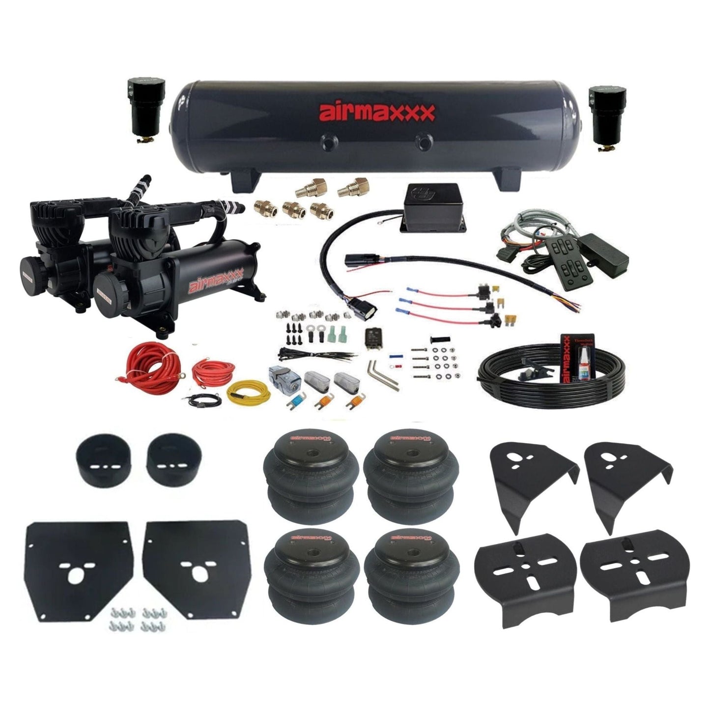 Slam Specialties dual 580 black compressors steel tank 2600 bags air ride kit fits 1973–87 Chevy/GMC C10 truck KC1073-580B2-57S-SV8CMC1-WK-HF