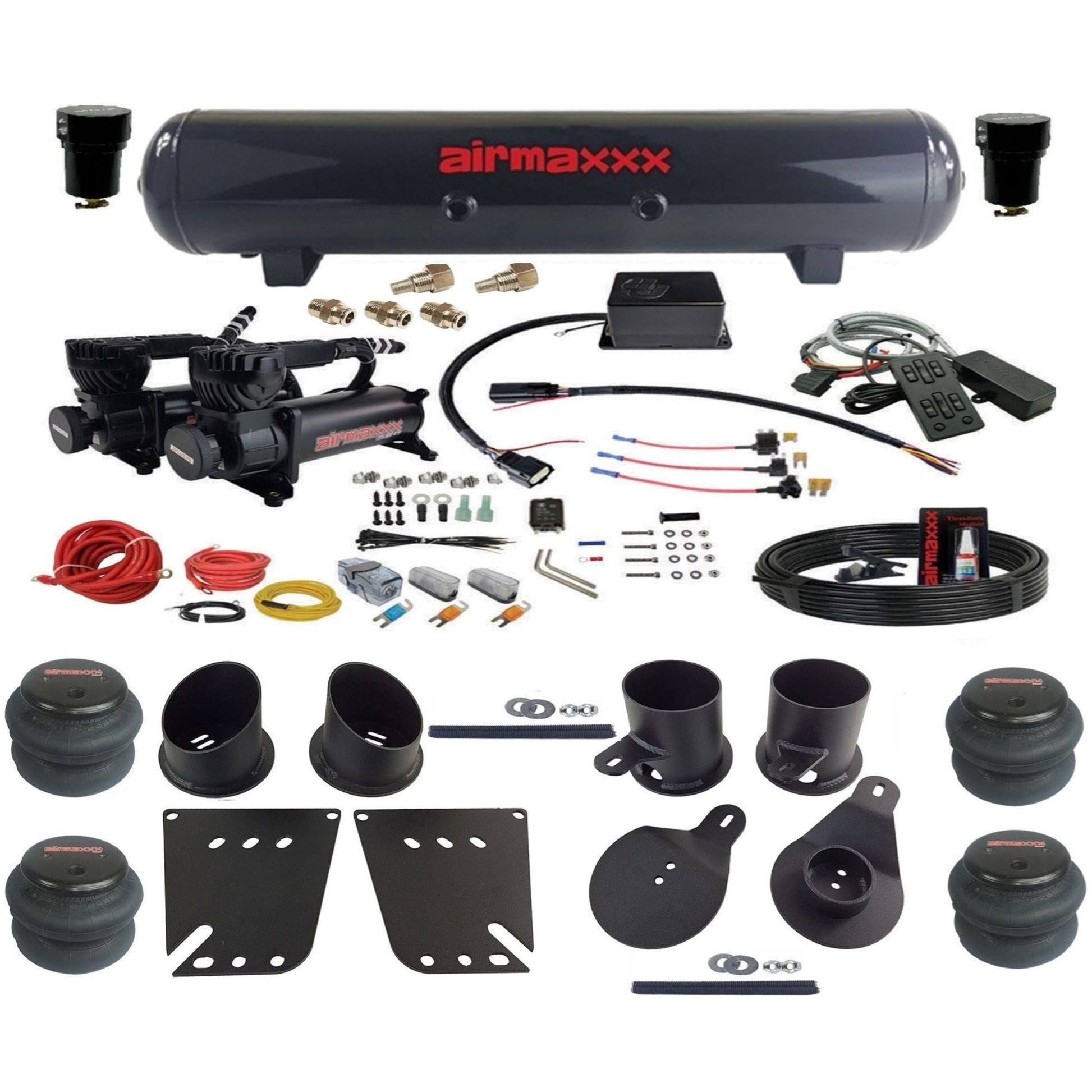 Slam Specialties dual 580 black compressors steel tank 2600 bags air ride kit for 1958–64 Chevy Impala KIMP58-580B2-57S-SV8CMC1-WK-HF