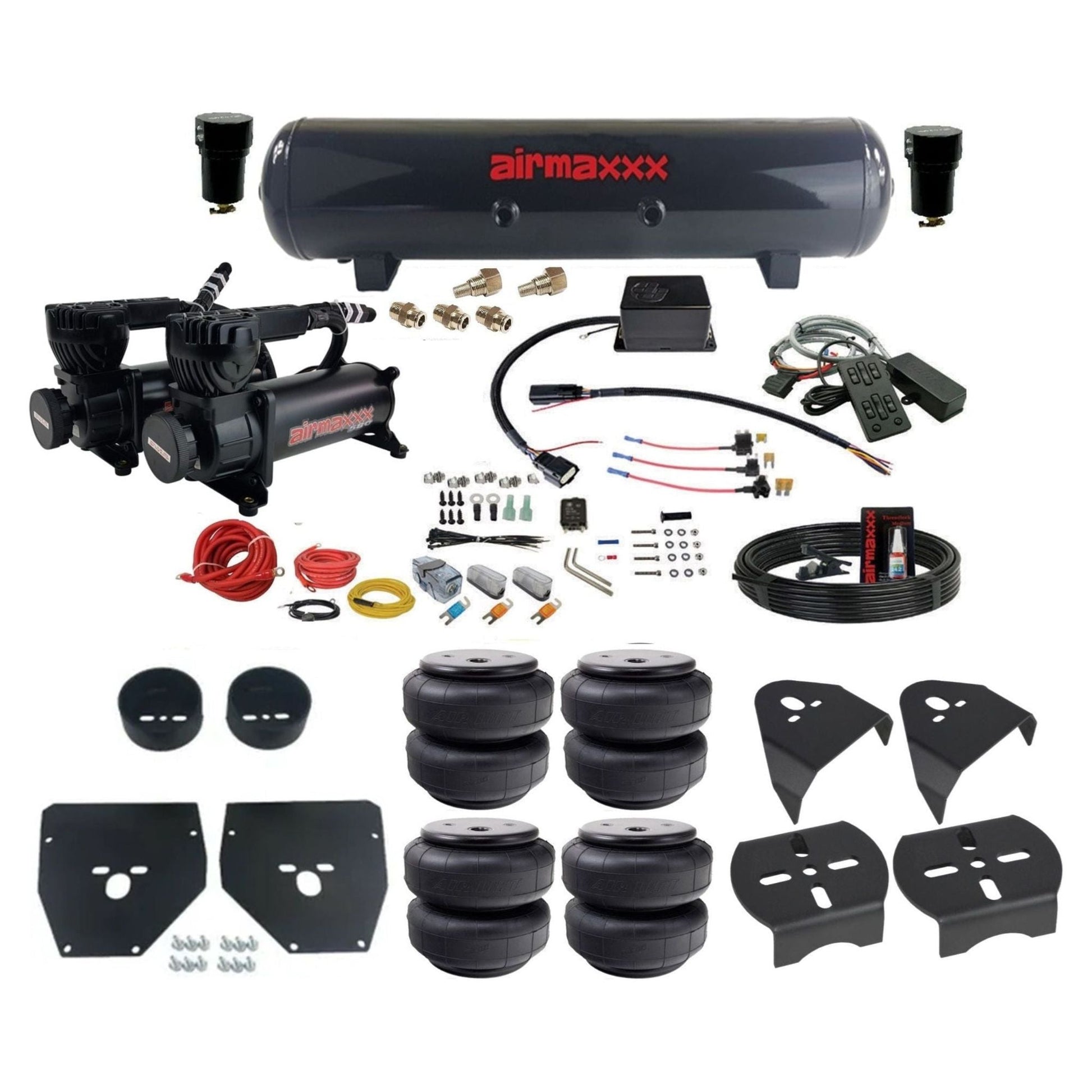 Slam Specialties dual 580 black compressors steel tank airlift bags air ride kit fits 1973–87 Chevy/GMC C10 KC1073-580B2-57S-SV8CMC1-WK-HFD26 truck