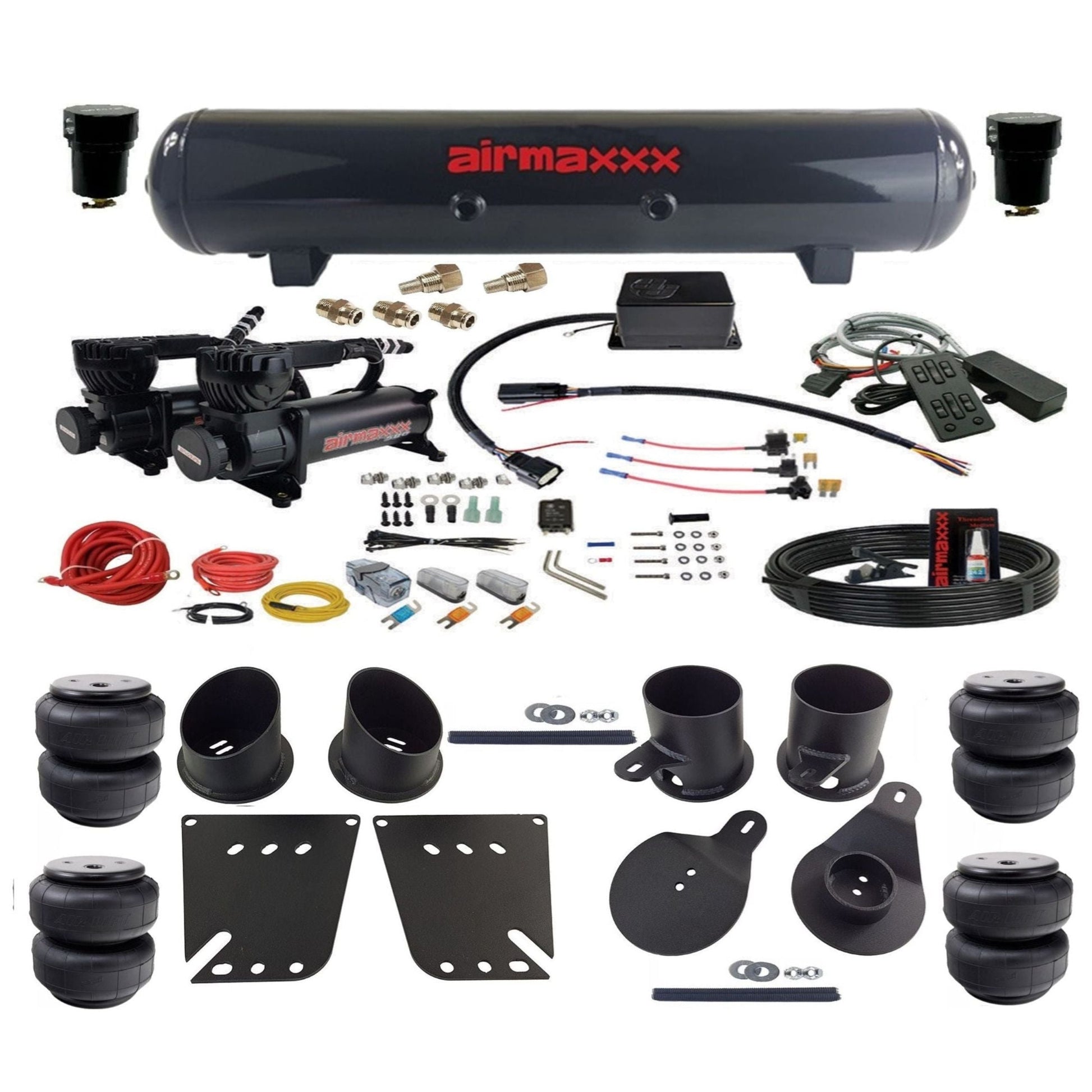 Slam Specialties dual 580 black compressors steel tank airlift bags air ride kit for 1958–64 Chevy Impala KIMP58-580B2-57S-SV8CMC1-WK-HFD25