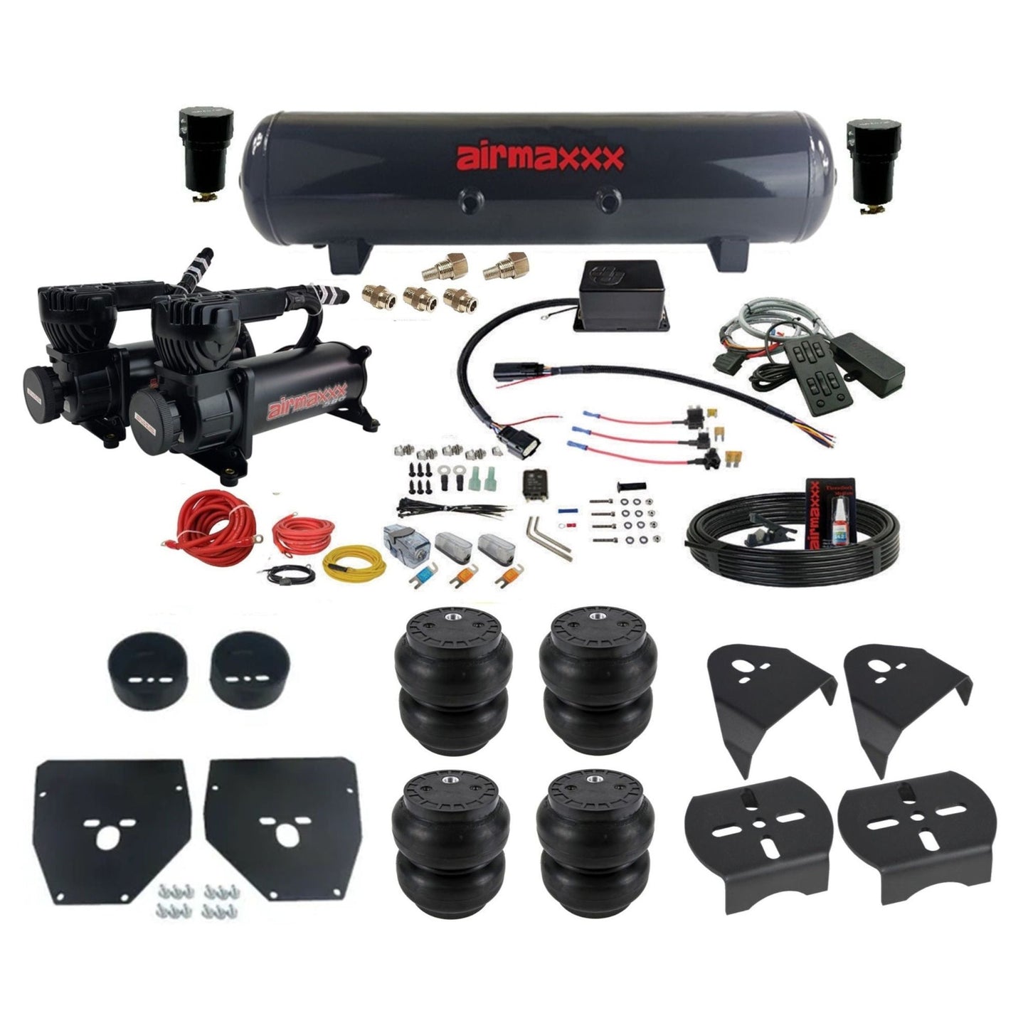 Slam Specialties dual 580 black compressors steel tank slam bags air ride kit fits 1973–87 Chevy/GMC C10 KC1073-580B2-57S-SV8CMC1-WK-HFSS7