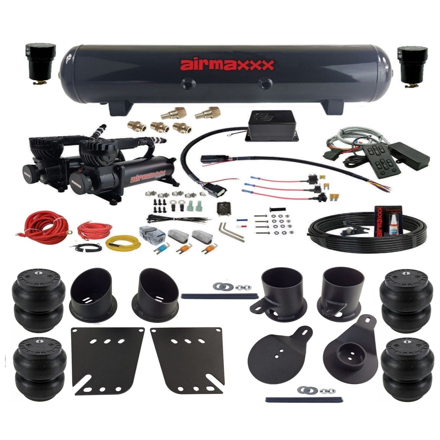 Slam Specialties dual 580 black compressors steel tank slam bags air ride kit for 1958–64 Chevy Impala KIMP58-580B2-57S-SV8CMC1-WK-HFSS7