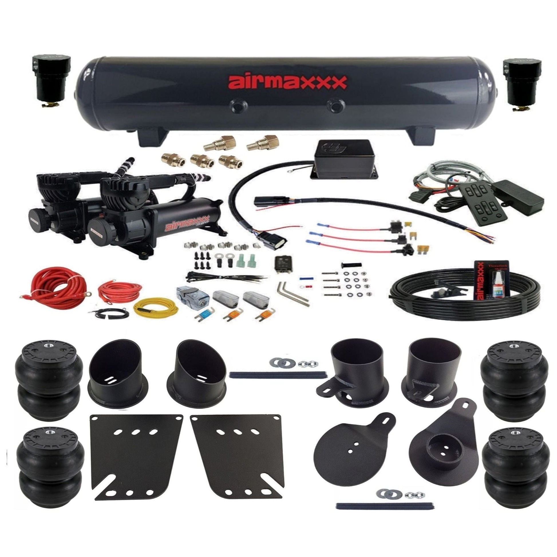 Slam Specialties dual 580 black compressors steel tank slam bags air ride kit for 1958–64 Chevy Impala KIMP58-580B2-57S-SV8CMC1-WK-HFSS7