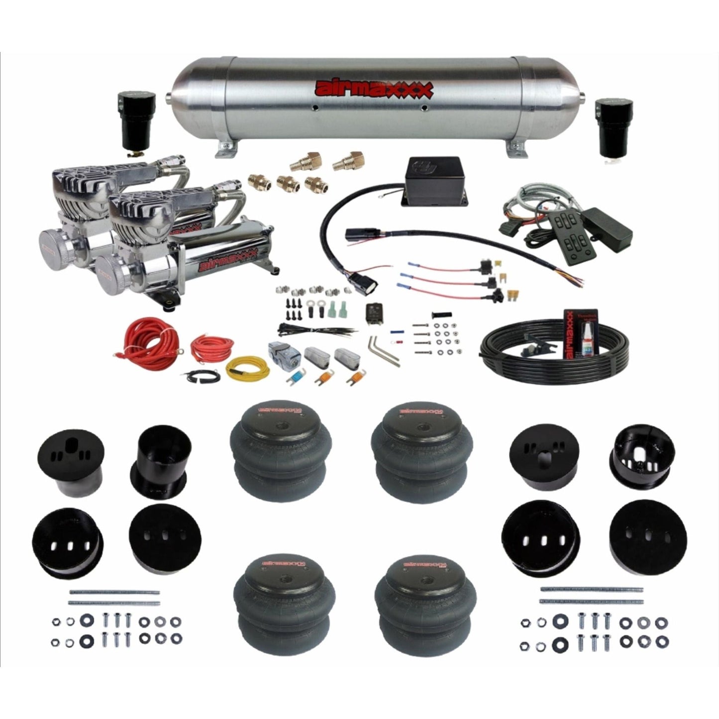 Slam Specialties dual 580 chrome compressors raw aluminum tank 2600 bags air ride kit for 1958–60 Cadillac KCAD58-580C2-57ARW-SV8CMC1-WK-HF