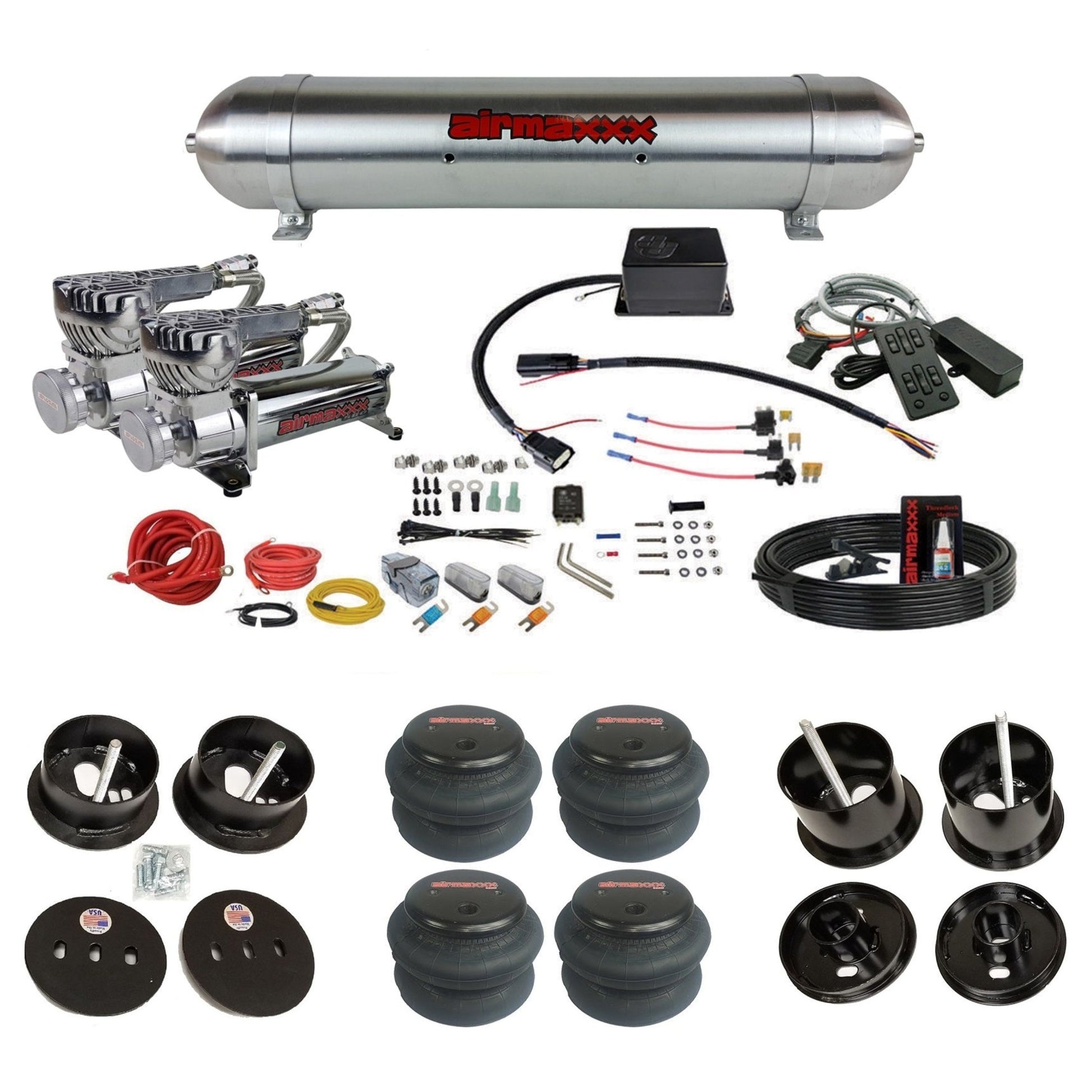 Slam Specialties dual 580 chrome compressors raw aluminum tank 2600 bags air ride kit for 1961–62 Cadillac K-CAD6162-580C2-57ARW-SV8C-MC1-WK-HF