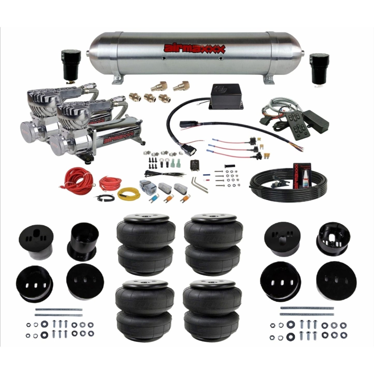 Slam Specialties dual 580 chrome compressors raw aluminum tank airlift bags air ride kit for 1958–60 Cadillac KCAD58-580C2-57ARW-SV8CMC1-WK-HFD25