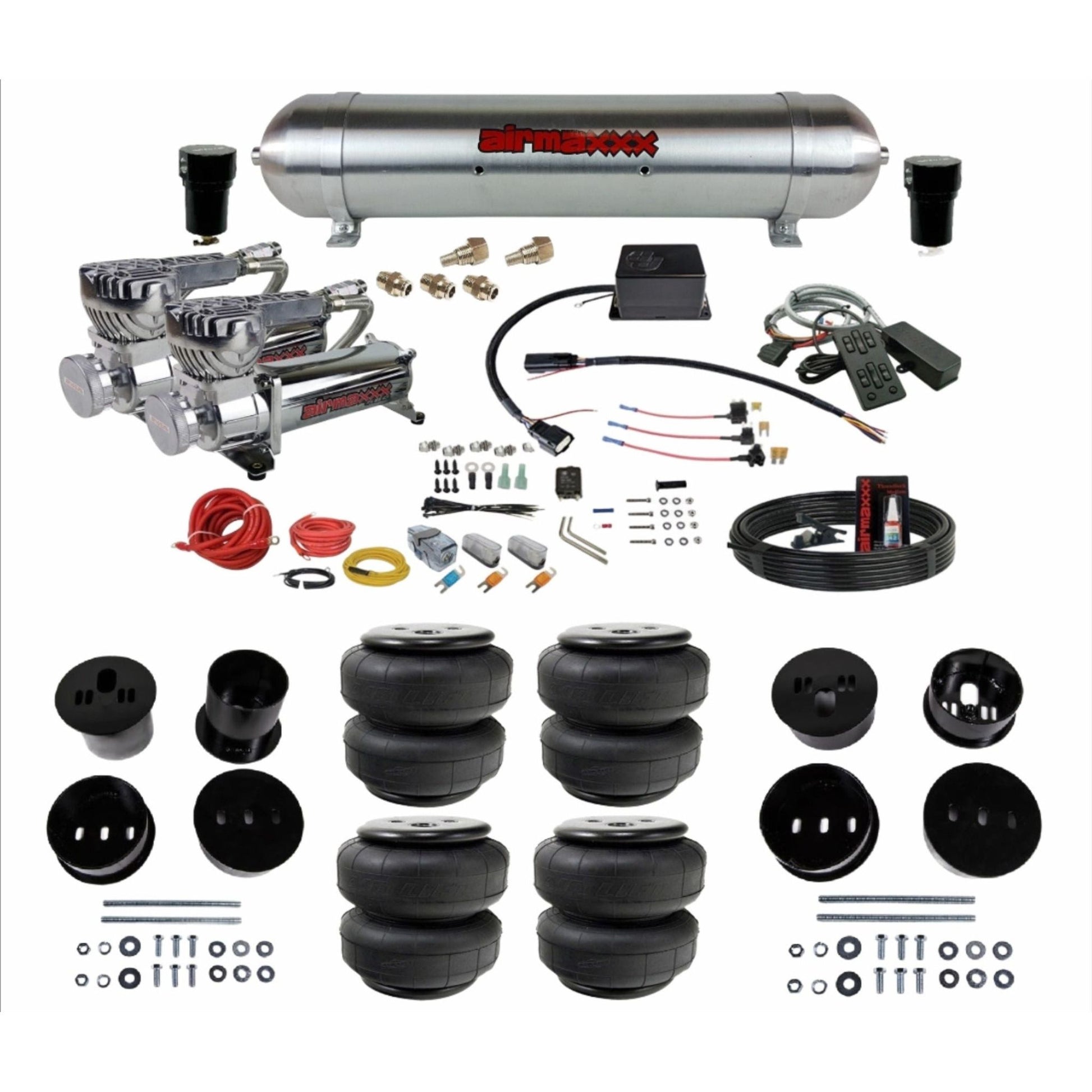 Slam Specialties dual 580 chrome compressors raw aluminum tank airlift bags air ride kit for 1958–60 Cadillac KCAD58-580C2-57ARW-SV8CMC1-WK-HFD25