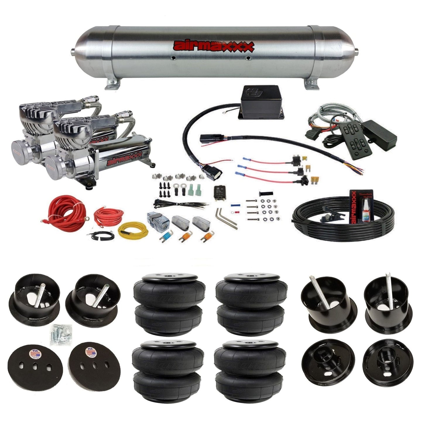 Slam Specialties dual 580 chrome compressors raw aluminum tank airlift bags air ride kit for 1961–62 Cadillac K-CAD6162-580C2-57ARW-SV8C-MC1-WK-HFD25