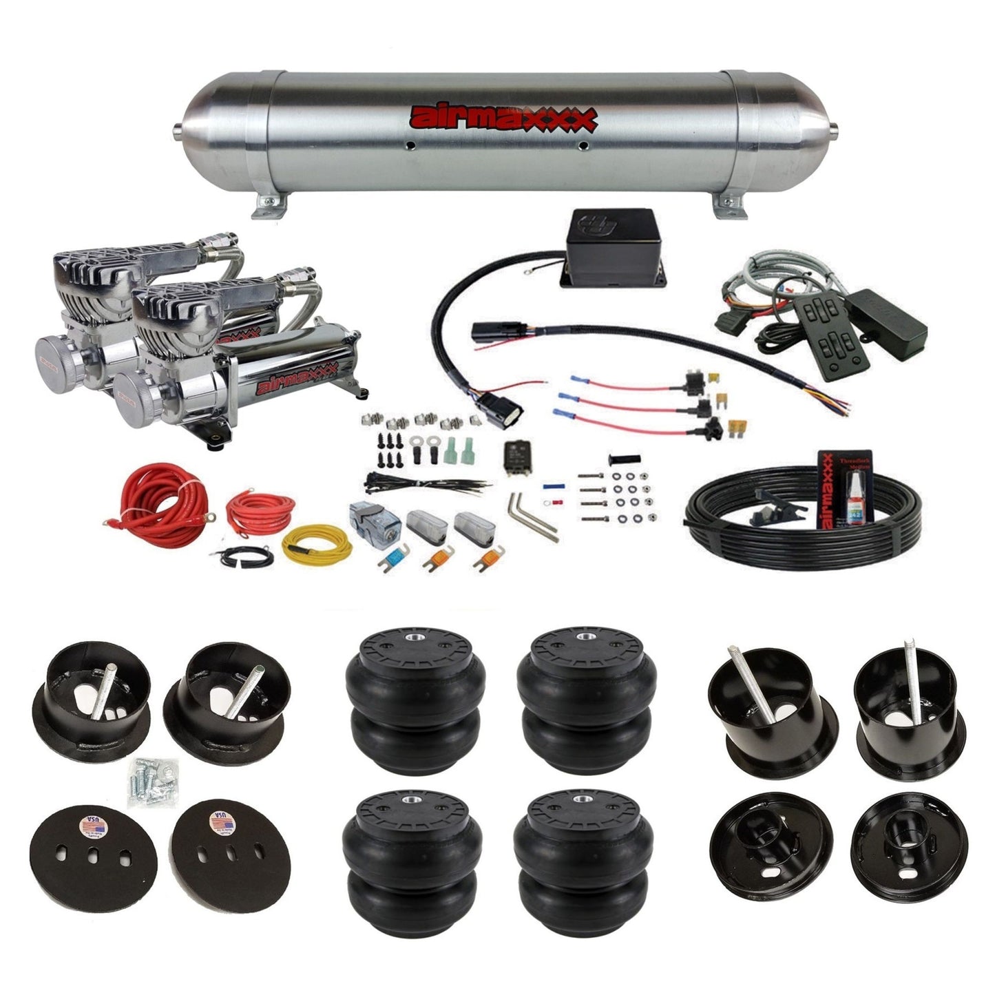 Slam Specialties dual 580 chrome compressors raw aluminum tank slam bags air ride kit for 1961–62 Cadillac K-CAD6162-580C2-57ARW-SV8C-MC1-WK-HFSS7