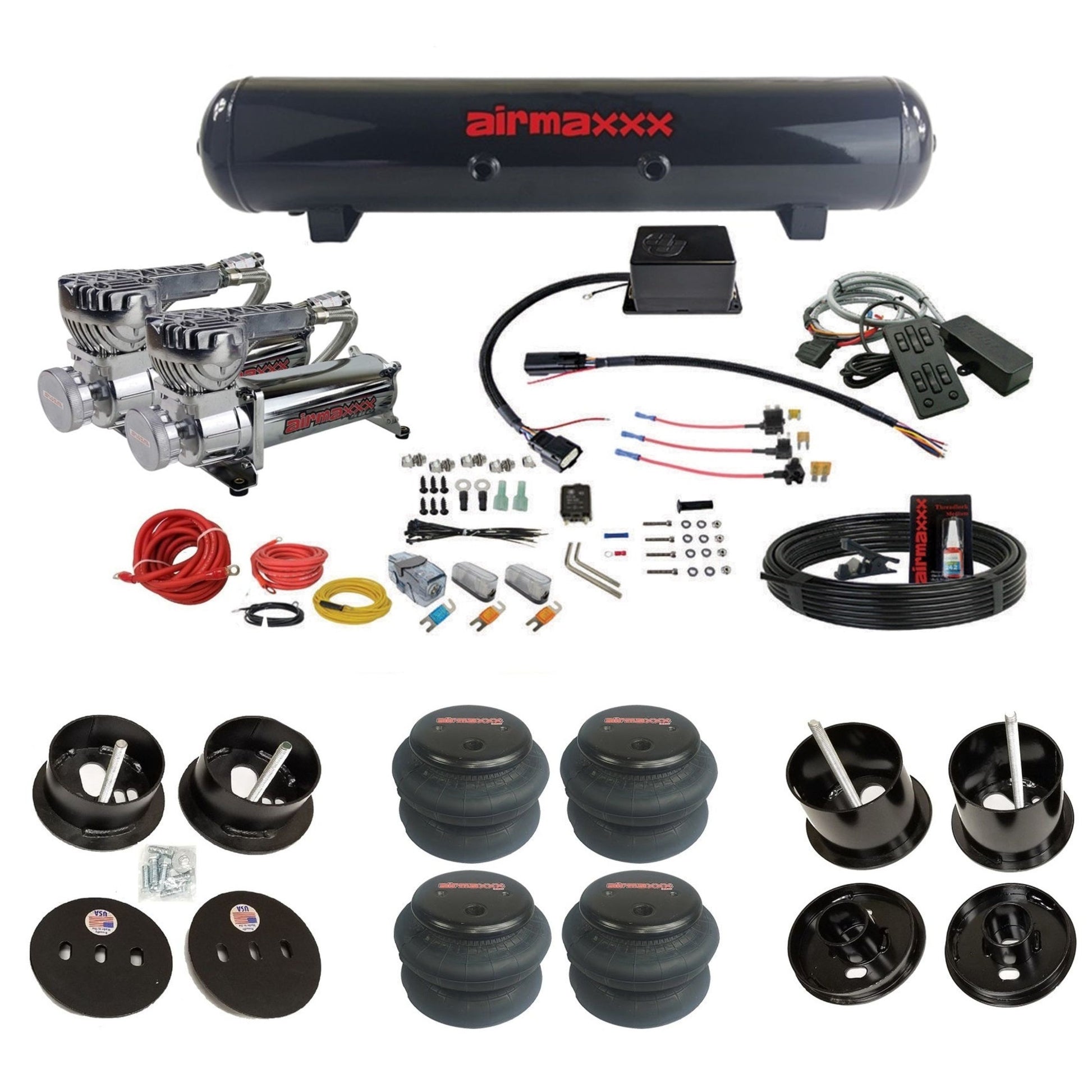 Slam Specialties dual 580 chrome compressors steel tank 2600 bags air ride kit for 1961–62 Cadillac K-CAD6162-580C2-57S-SV8C-MC1-WK-HF