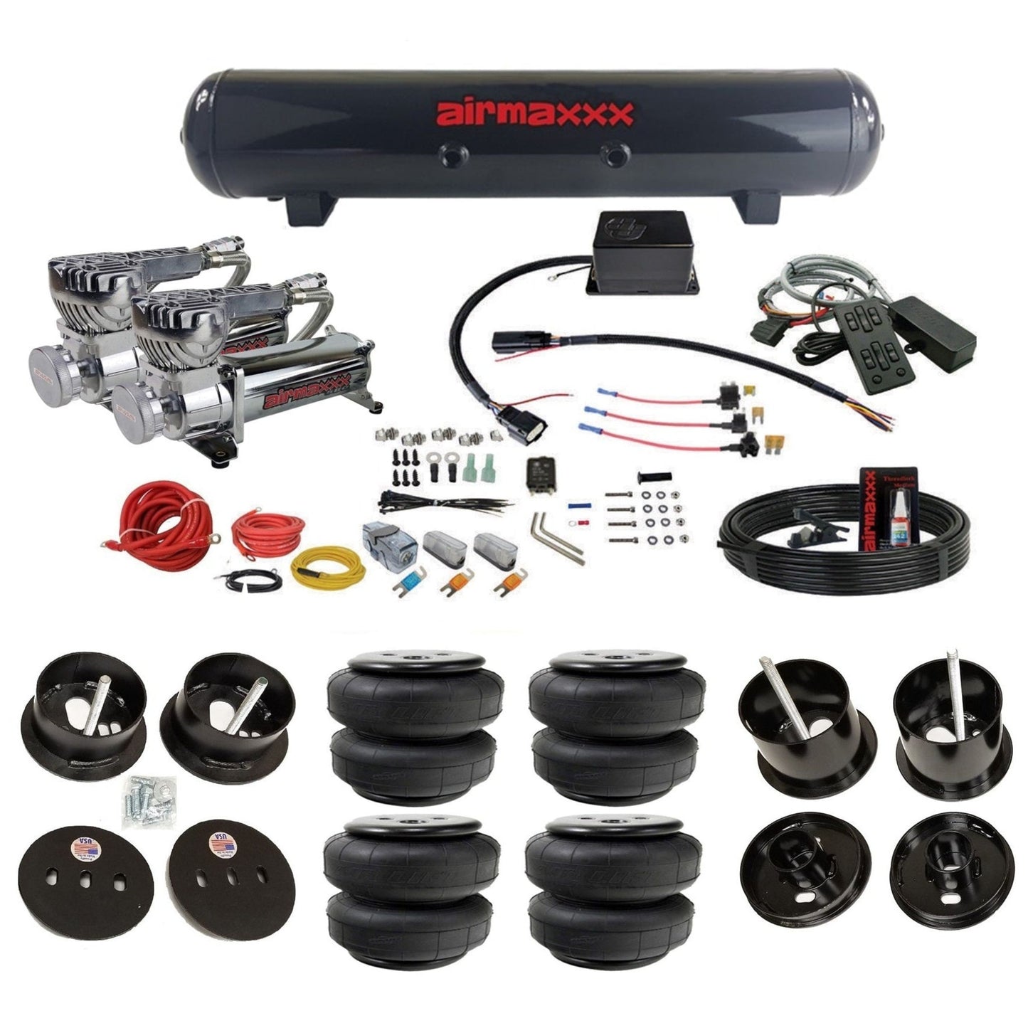 Slam Specialties dual 580 chrome compressors steel tank airlift bags air ride kit for 1961–62 Cadillac K-CAD6162-580C2-57S-SV8C-MC1-WK-HFD25