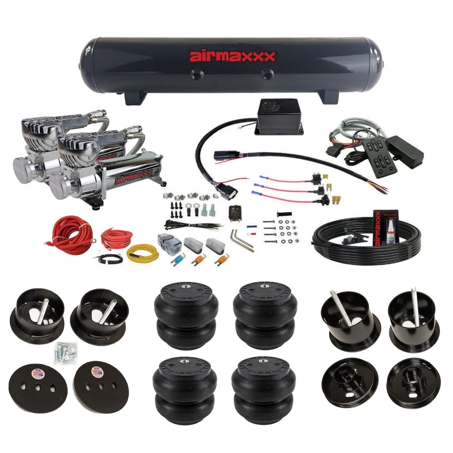 Slam Specialties dual 580 chrome compressors steel tank slam bags air ride kit for 1961–62 Cadillac K-CAD6162-580C2-57S-SV8C-MC1-WK-HFSS7