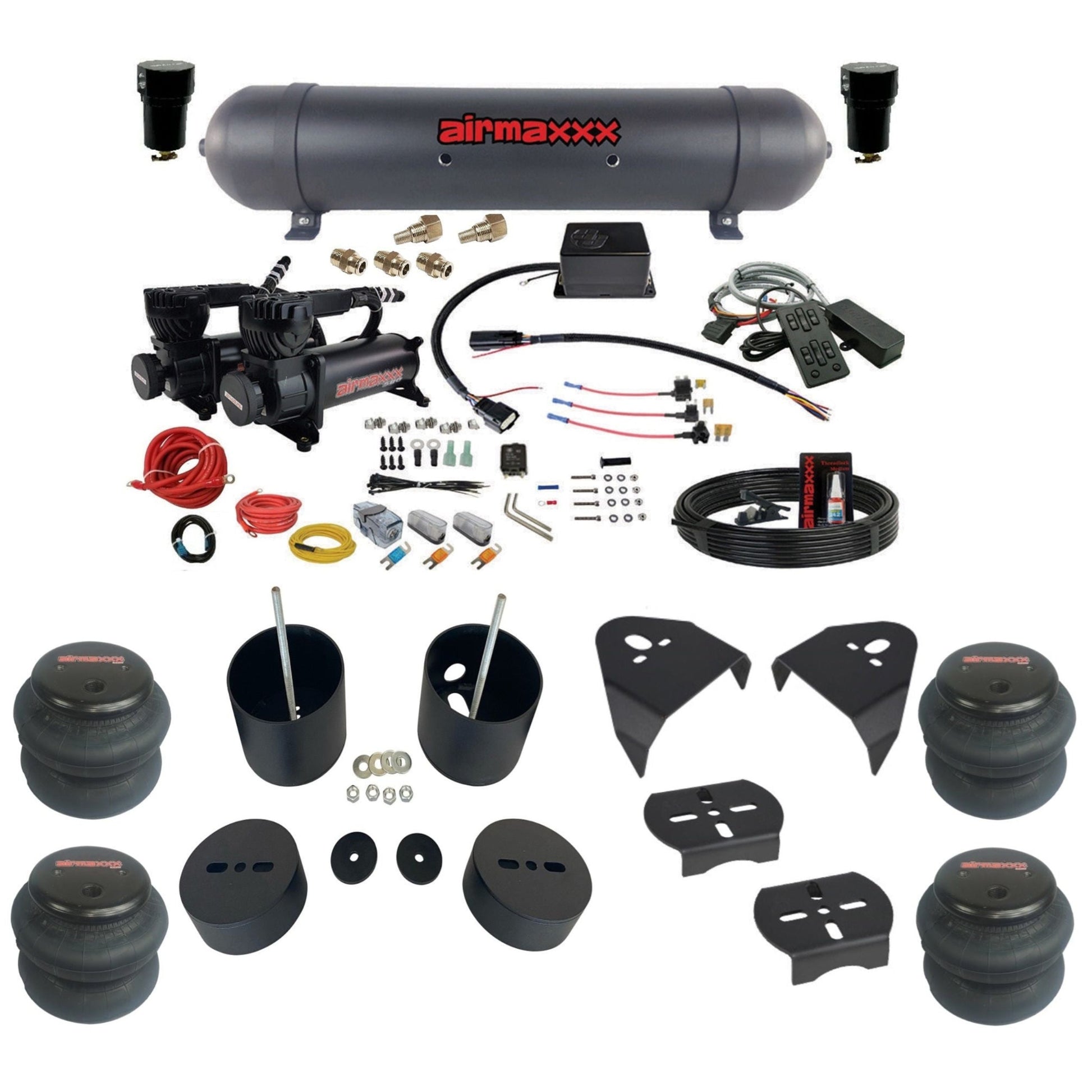 Slam Specialties dual black 580 compressors aluminum tank 2600 bags air ride kit for 1999–2006 Silverado/Sierra KGM99-580B2-57ABK-SV8CMC1-WK-HF