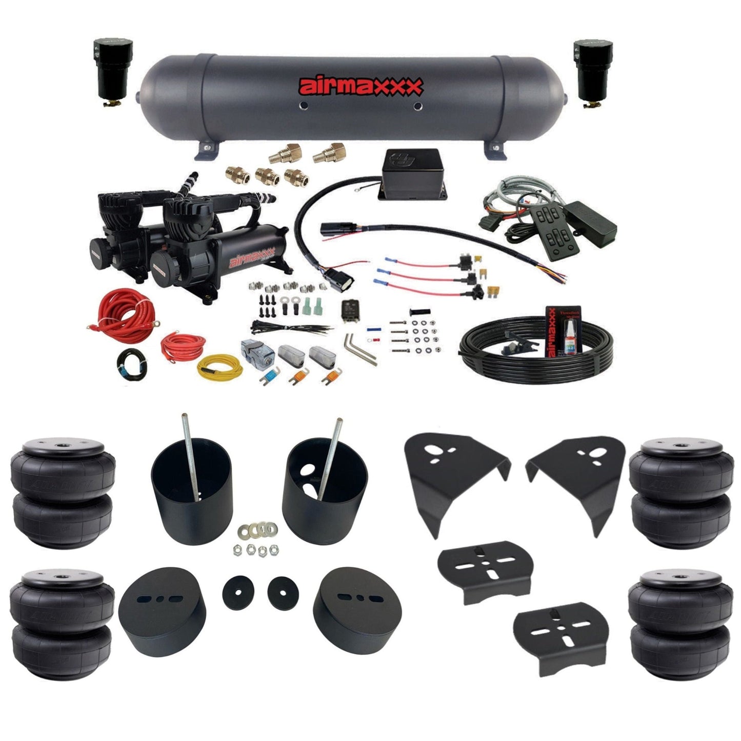 Slam Specialties dual black 580 compressors aluminum tank airlift bags air ride kit for 1999–2006 Silverado/Sierra GM99-580B2-57ABK-SV8CMC1-WK-HFD26
