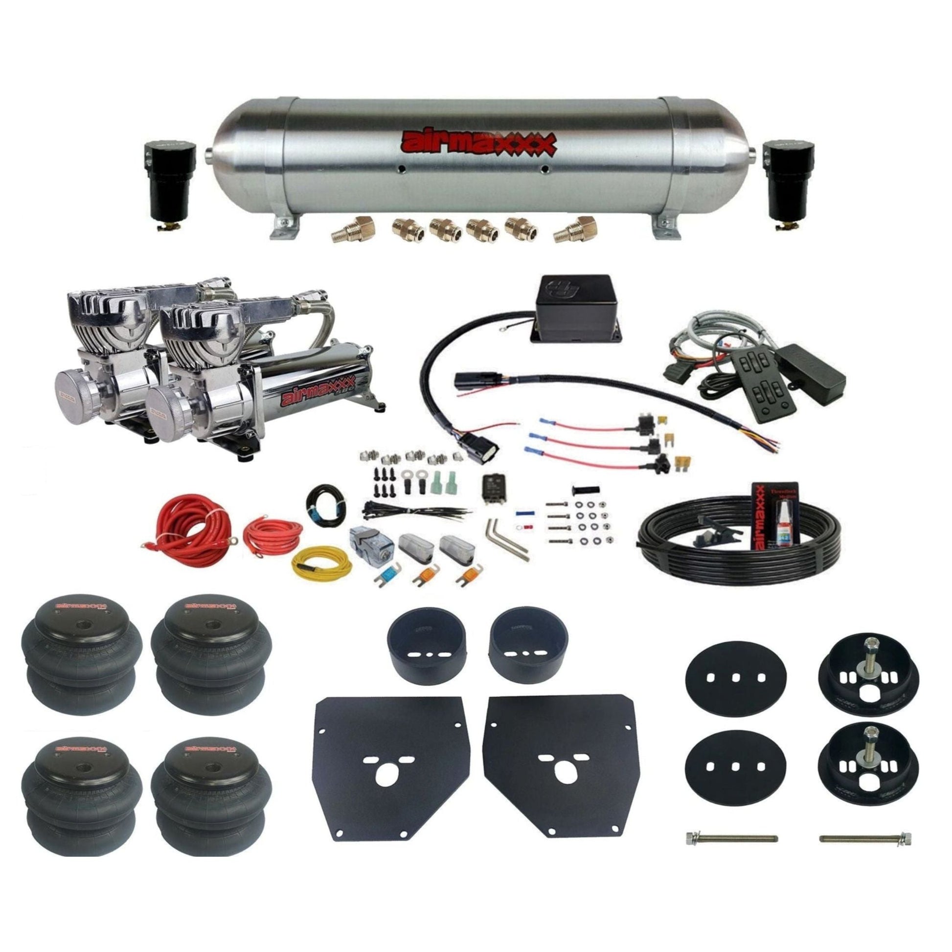 Slam Specialties dual chrome 580 compressors raw aluminum tank 2600 bags air ride kit for 1963–72 Chevy C10 KC1063-580C2-57ARAW-SV8CMC1-WK-HF