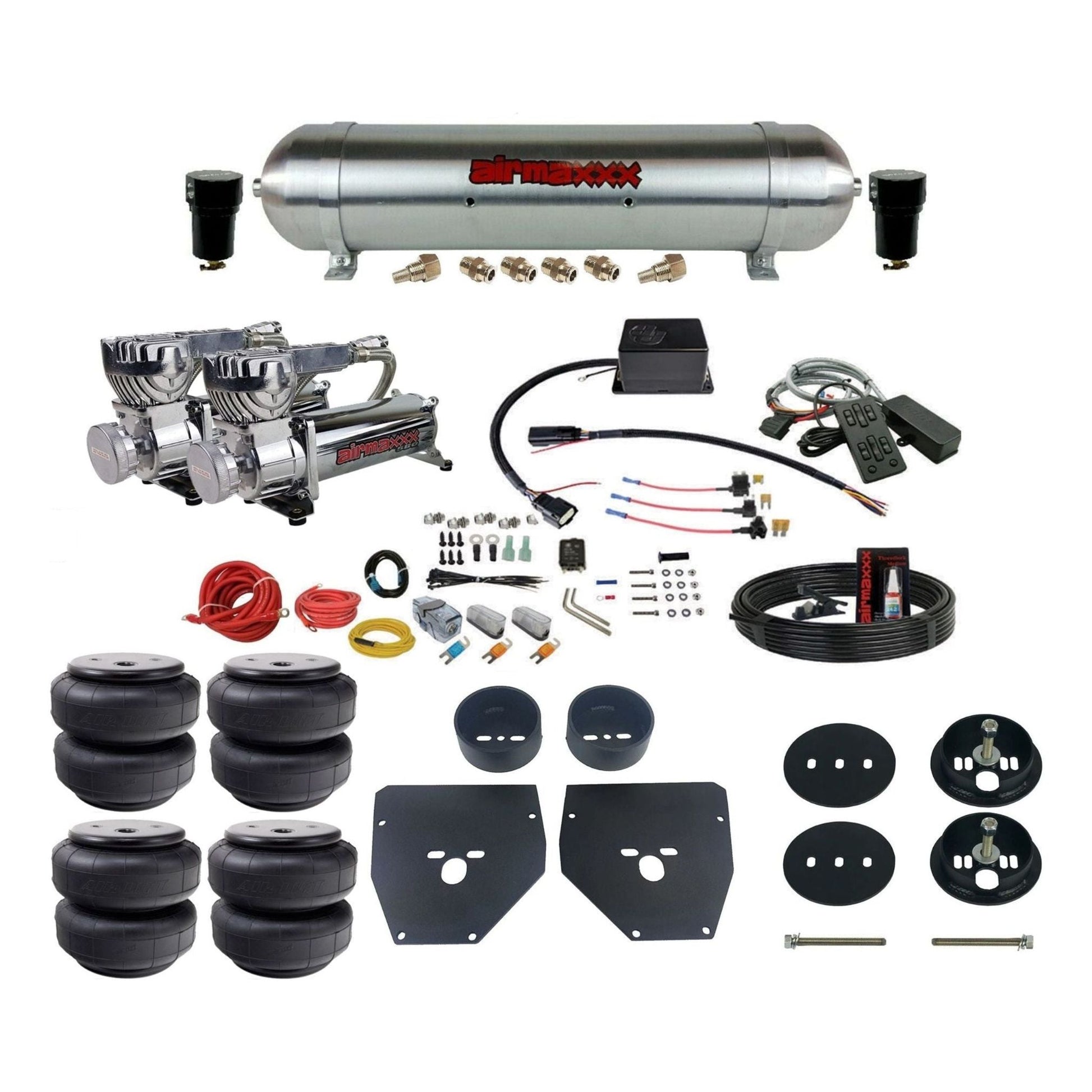 Slam Specialties dual chrome 580 compressors raw aluminum tank airlift bags air ride kit for 1963–72 Chevy C10 KC1063-580C2-57ARAW-SV8CMC1-WK-HFD26