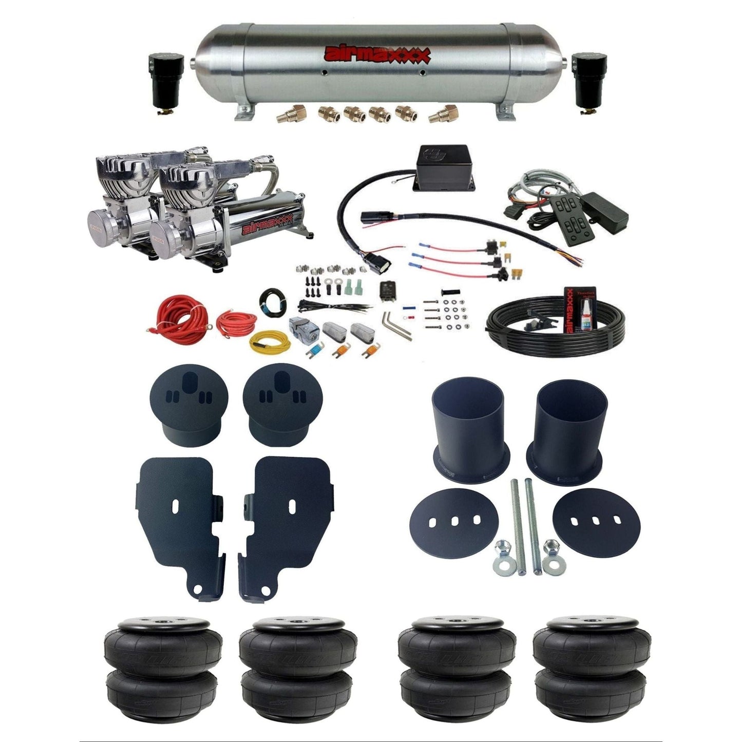 Slam Specialties dual chrome 580 compressors raw aluminum tank & airlift bags air ride kit for 1965–70 Impala KIMP65-580C2-57ARAW-SV8CMC1-WK-HFD25
