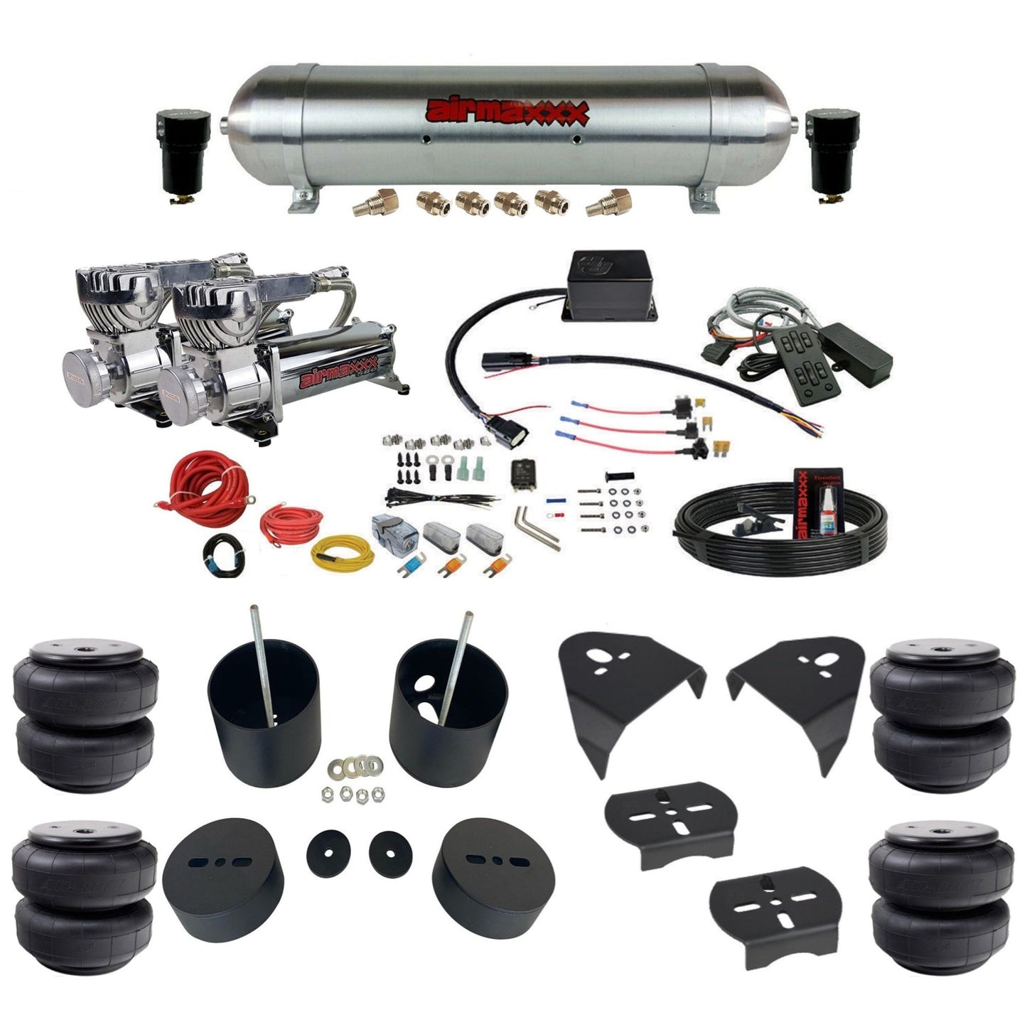 Slam Specialties dual chrome 580 compressors raw aluminum tank airlift bags air ride kit for 1988–98 Silverado 1500 KGM88-580C2-57ARAW-SV8CMC1-WK-HFD26