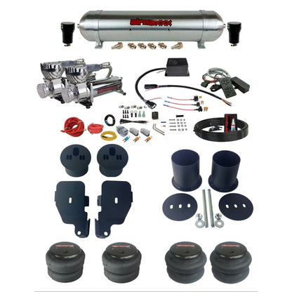 Slam Specialties dual chrome 580 compressors raw aluminum tank & bags air ride kit for 1965–70 Impala KIMP65-580C2-57ARAW-SV8CMC1-WK-HF