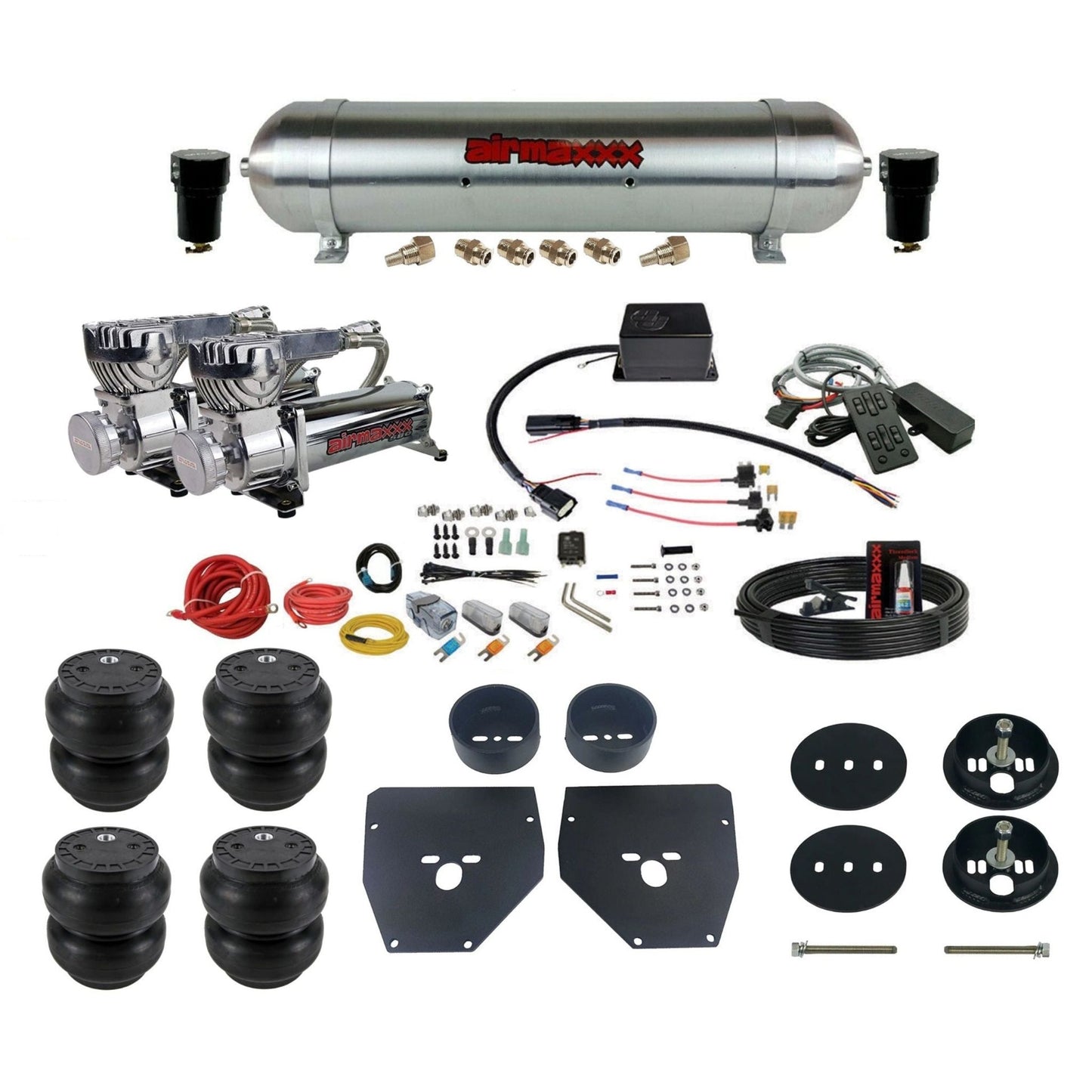 Slam Specialties dual chrome 580 compressors raw aluminum tank slam bags air ride kit for 1963–72 Chevy C10 KC1063-580C2-57ARAW-SV8CMC1-WK-HFSS7